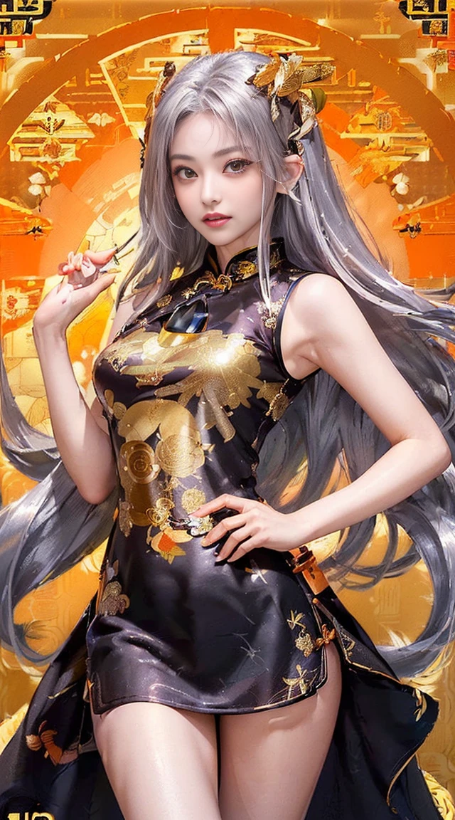 ((highest quality、8K、masterpiece:1.3)), (Cute pattern in gold leaf, of black cloth, Cheongsam trimmed in orange:1.5), clear, fine-textured skin、beautiful clear eyes、cleavage、Carefree and natural smile、(long hair,silver hair:1.5)、(hair tousled by the wind:1.3)、、Beautiful girl with a smile、(thin waist:1.3)、(Dynamic and provocative poses:1.2)、