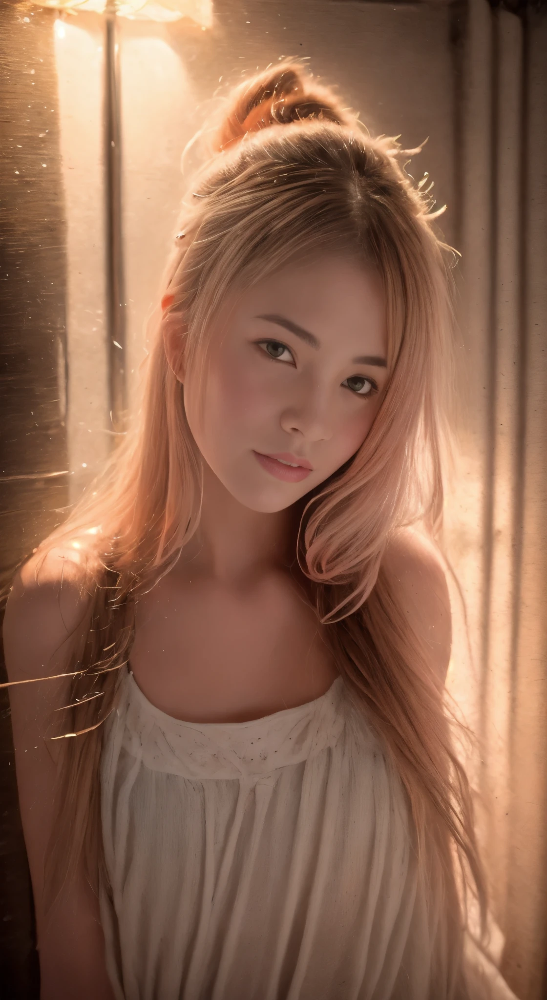 (masterpiece), anime, (photo_(medium):1.0), by Antonio J. Manzanedo, by Jeremy Lipking, 1girl, lightning, in a surreal landscape, painting style with watercolor, brushstrokes, unbuttoned, orange eyes, ponytail, pink hair, cyberpunk, japanese clothes
