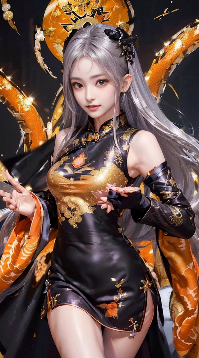 ((highest quality、8K、masterpiece:1.3)), (Cute pattern in gold leaf,  of black cloth, Cheongsam trimmed in orange:1.5), clear, fine-textured skin、beautiful clear eyes、cleavage、Carefree and natural smile、(long hair,silver hair:1.5)、(hair tousled by the wind:1.3)、、Beautiful girl with a smile、(thin waist:1.3)、(Dynamic and provocative poses:1.2)、