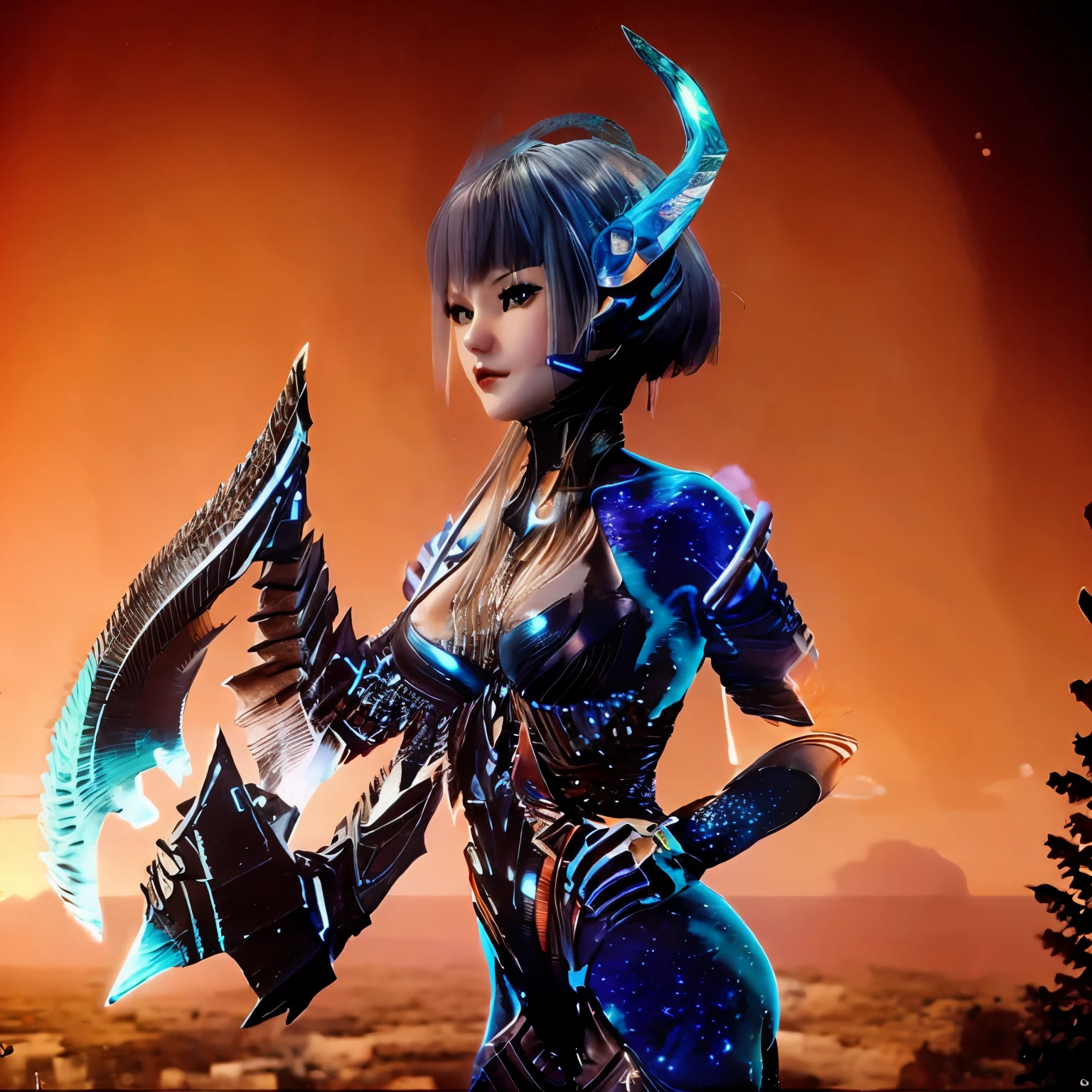 a woman in a futuristic suit with trumpet and trumpet on her head, Standing in front of a future city, 1 girl, Bangs, black hair, bodysuit, breast, night, trumpet, long hair, looking at the audience, cosmetic, orange background, orange Sky, Sky, alone, Sunset, twilight, whole body，behind，Cocked buttocks