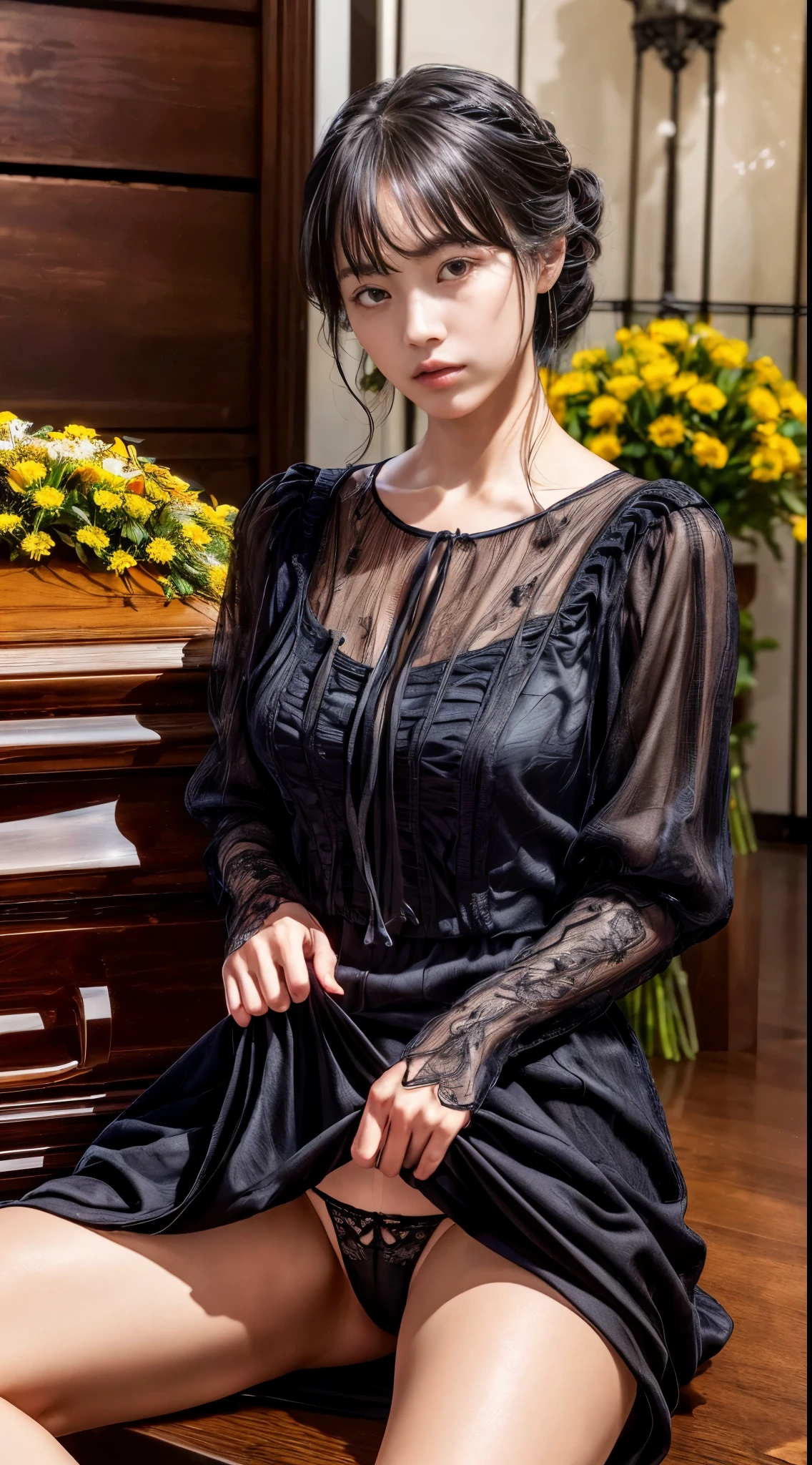 cowboy shot、messy hairstyle with bangs、black hair、Trailing hair、((widow))、((black long sleeve mourning dress))、(((Japanese style room)))、(((funeral)))、black formal wear、highest quality,(RAW photo:1.2)、(realistic:1.4),(High resolution:1.4), 1 girl, written boundary depth,, intricately detailed,8K, very detailed, perfect lighting, epic background、((delicate pictures)),(の詳細なRAW photo),(highest quality:1.6), (超High resolution:1.5), (realistic:1.75), 8K resolution, Canon EOS R5, 50mm, Super detailed,cinematic lighting,correct finger、sit、((spread legs))、((skirt lift))、Dark blue panties、pearl necklace、Pearl Earrings、(clothes that cover the chest)、((There is a coffin))、((Clothing with low exposure))、((A bouquet of chrysanthemums is displayed on the altar.))、