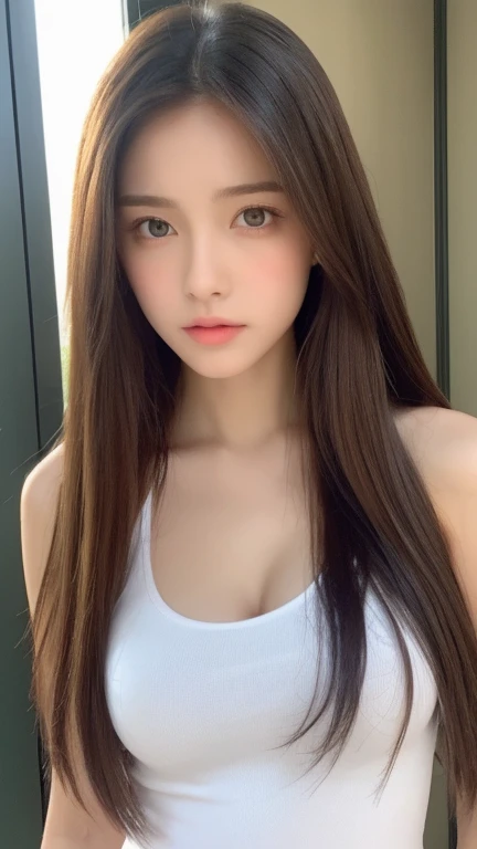 （Lifelike， hight resolution：1.3）， 1 girl with a perfect body， super fine face and eyes，length hair， Tank top of random colors：1.2， Short jeans，Expose cleavage、student clothes