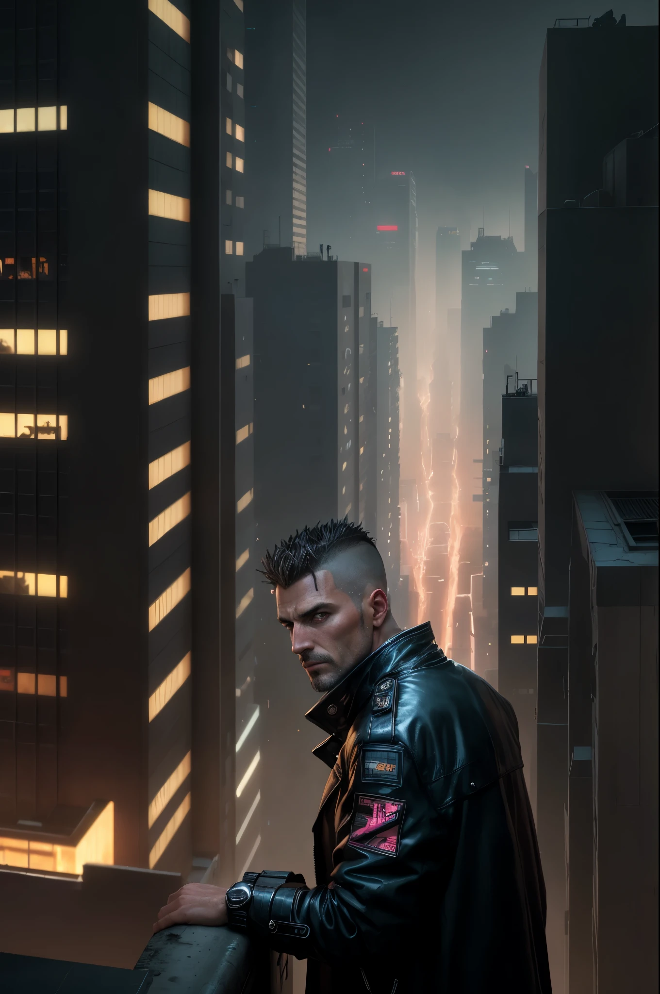 A man, 45 years old, brown eyes, hair shaved on the sides, combed back, unshaven, wearing a dark trench coat with the collars turned up. He is leaning against the parapet of a building, observing from above the night of the cyberpunk city below in the background. Background futuristic cyberpunk make it realistic, Blade Runner, 8k, ultra hd