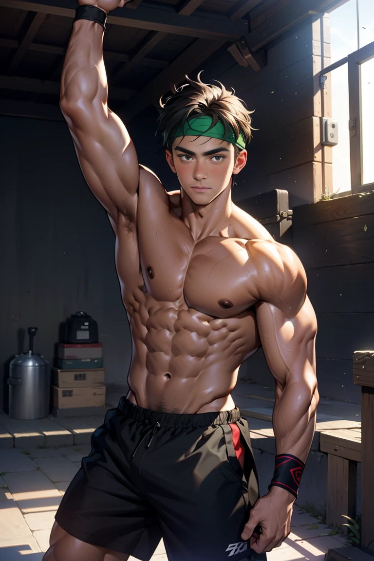 (Masterpiece, Best quality 18 year old boy, middle ages), (shoot from front, looking up:1.2), 1 boy, solo, Young, (ager), (Dark Short straight hair), black eyes, full bodyesbian, (Shirtless), topless, Green headband, (Black shorts with loincloth), (Depth of field:1.2), (Abs), black wristband, (topless male), serious, closed mouth, man with martial arts stance, raise right hand