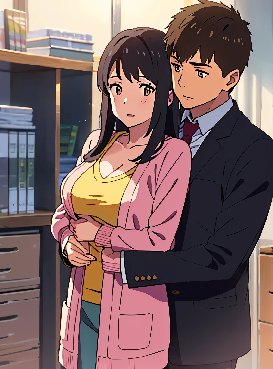 shinkai makoto, kimi no na wa., 1boy, buzzcut,office suit, boy caressing girl's body, passionate hug, boy is hugging from behind, 1girl, bangs, black hair, brown eyes, Twisted Half Up, red ribbon, long hair, long sleeve light pink cardigan, open shirt, yellow shirt, cleavage, breast, medium breast, storage room, indoors, masterpiece, perfect anatomy, cowboyshot