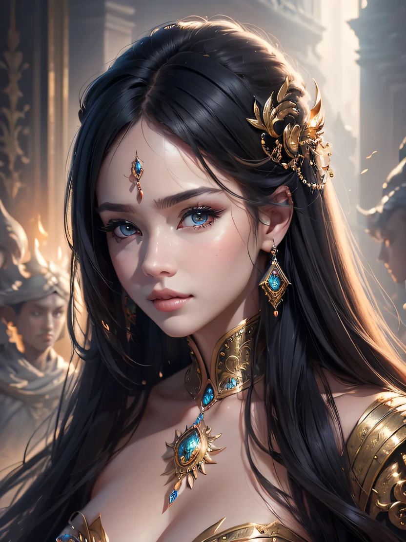 ((masterpiece、highest quality、realistic、Super detailed、High resolution、photorealistic、sharp focus))、portrait of a beautiful woman、4/5 shots、Focus from the waist up、face light、front light、High brightness、Charming character、A woman with an elegant atmosphere、enchanting eyes、fantasy elaborate pattern costume、Clothes with rich texture design、futuristic cityscape、Mystical realm filled with magical elements、detailed background、bright colors、 depth and mood、view audience