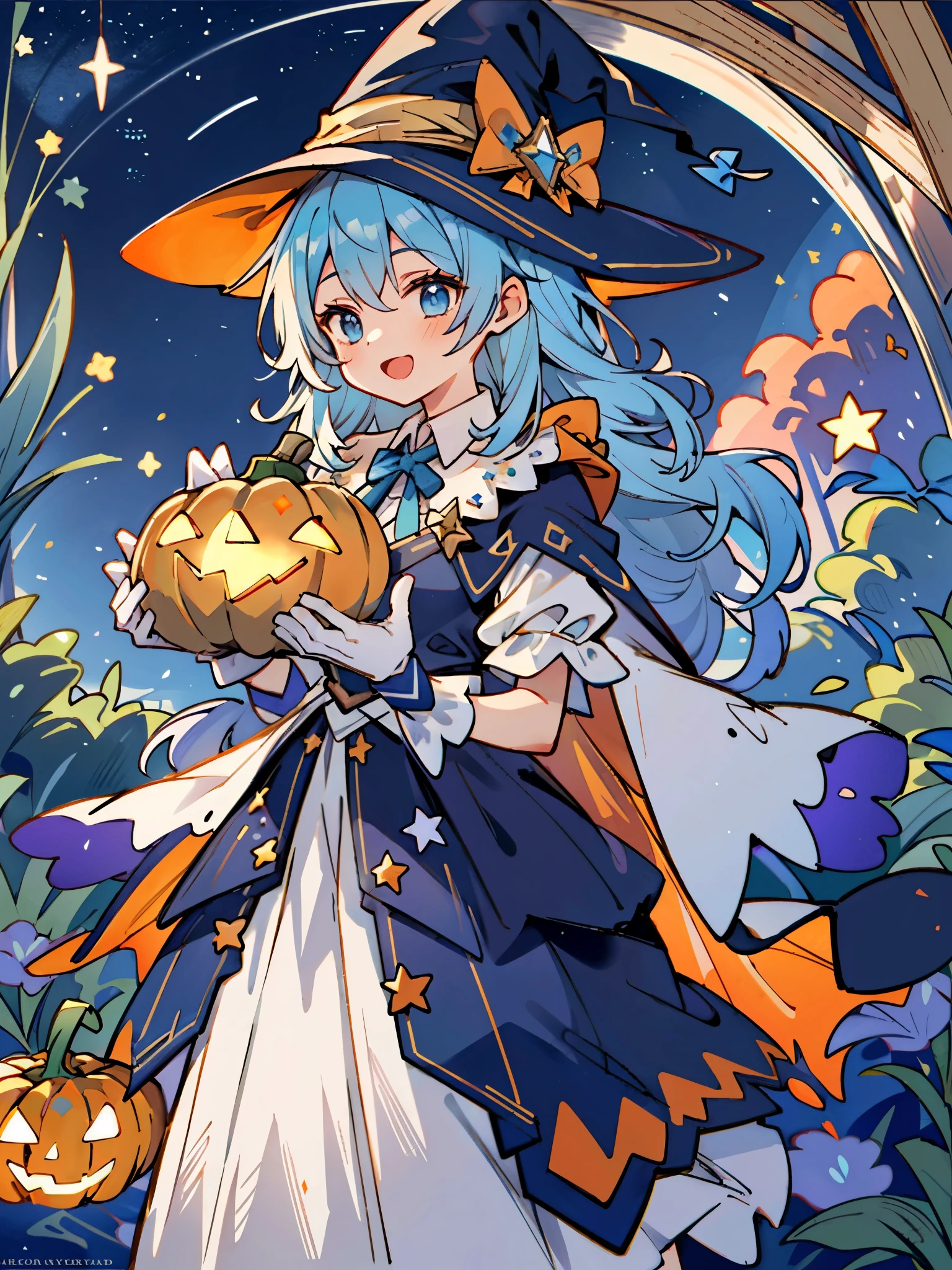 ((masterpiece:1.2, best quality)), 1girl, solo, (witch hat), a close up of a girl with curly hair, dress, aurora, night, star (sky), gloves, sky, dress, night sky, open mouth, starry sky, light blue eyes, ribbons, smile, cape, colorful hair, magic, casting spell, night, (impressionism:1.4), alphonse mucha, Halloween colors, colorful candy, magical lights, pumpkins, candies