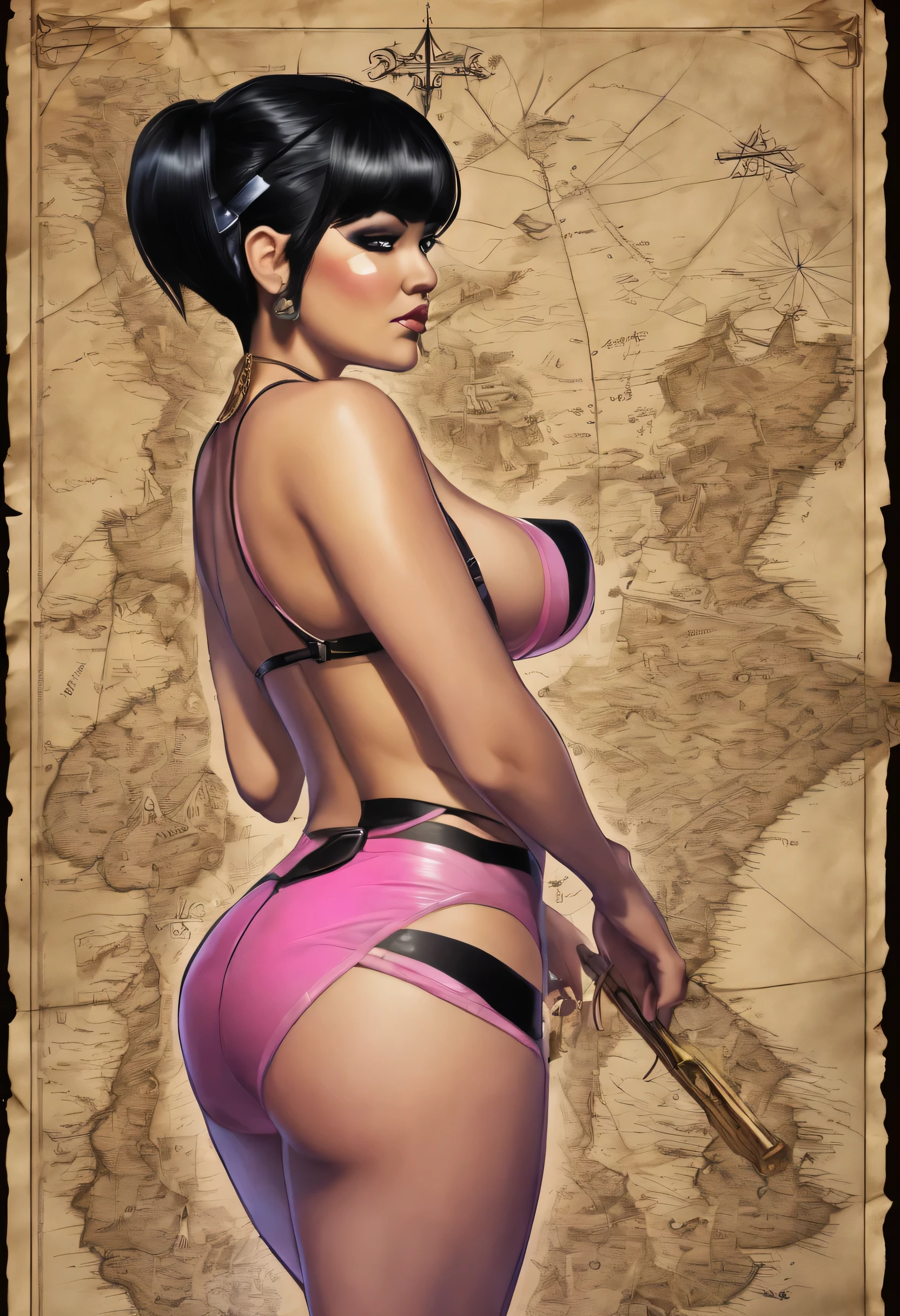 A very curvy stripper has her back to the crowd, she has short black hair, a pink metallic bikini, and a large treasure map tattooed on her back