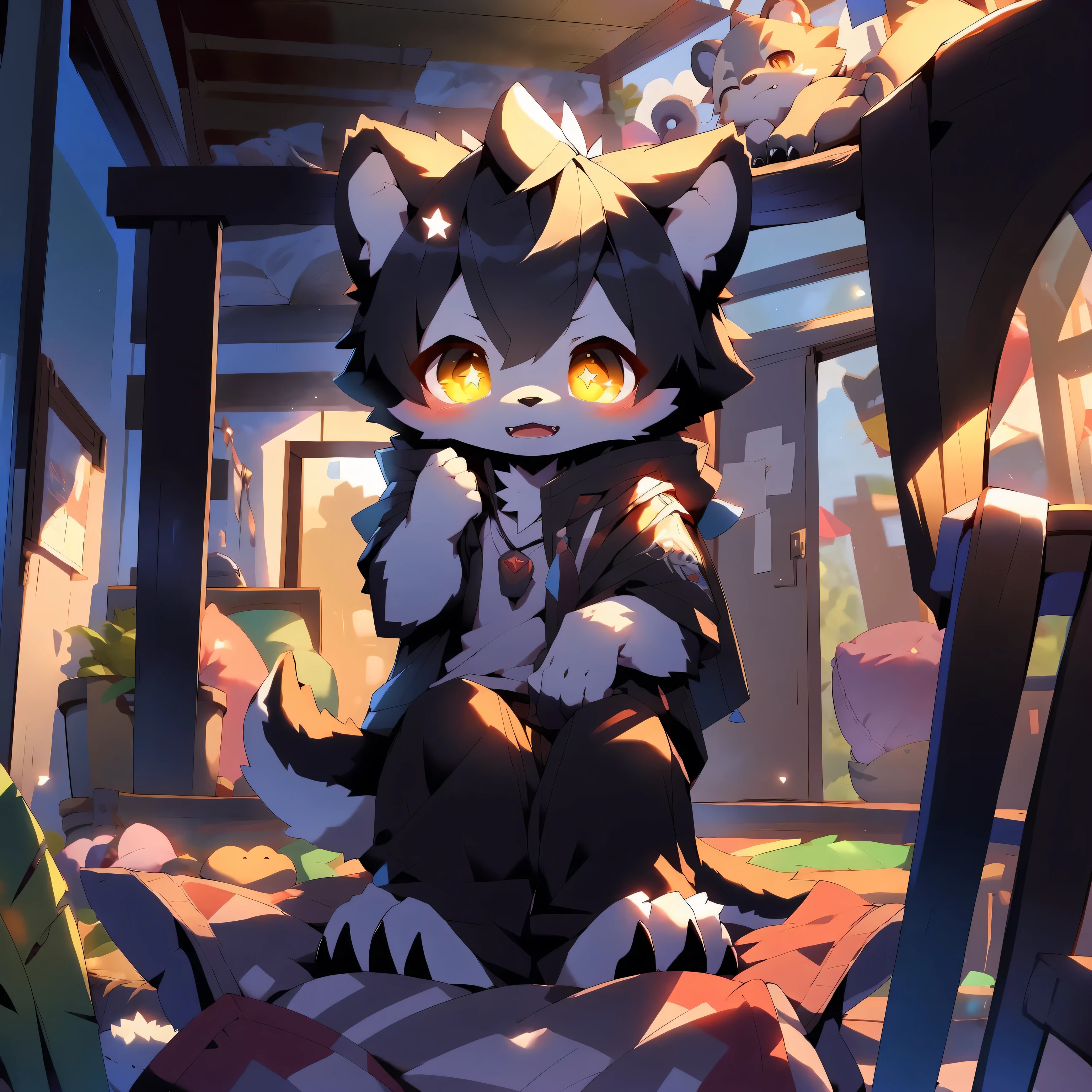 Cubs, black hair, Shota, casual wear, Bottoms, teeth and claws, Intimidation actions, blush, Lovely, living room, Throw pillows, body fluid, Clamp your legs, students shine, gradient eyes, Fangs out, First-person perspective, ultra high definition, masterpiece, precise, anatomically correct, high detail, best quality, high resolution, 16k, textured skin