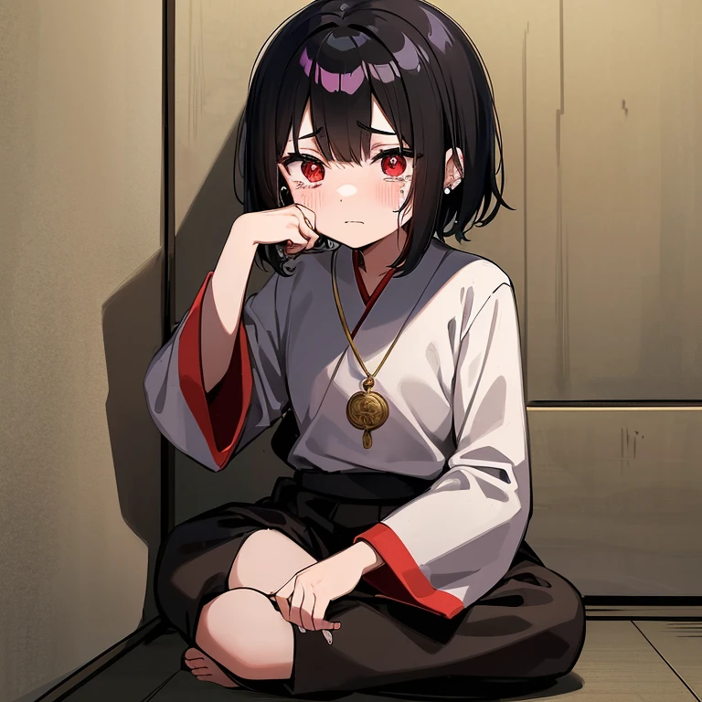  anime girl wshort black hair and red eyes wearing a black ancient Japanese shirt and long black ancient Japanese pants wearing a gold medallion, her hands on her face and she is  panicking with tears in her eyes and tears coming down her cheeks and she is sitting in a dim room with stone walls with a torch on the wall