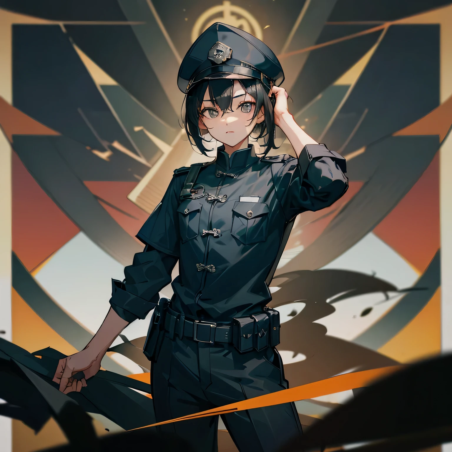An ordinary Chinese policeman,smart and alert,stand up straight,Half body,short black hair,Aged between 30 and 40 years old,Wearing a black police uniform,Wear a police hat