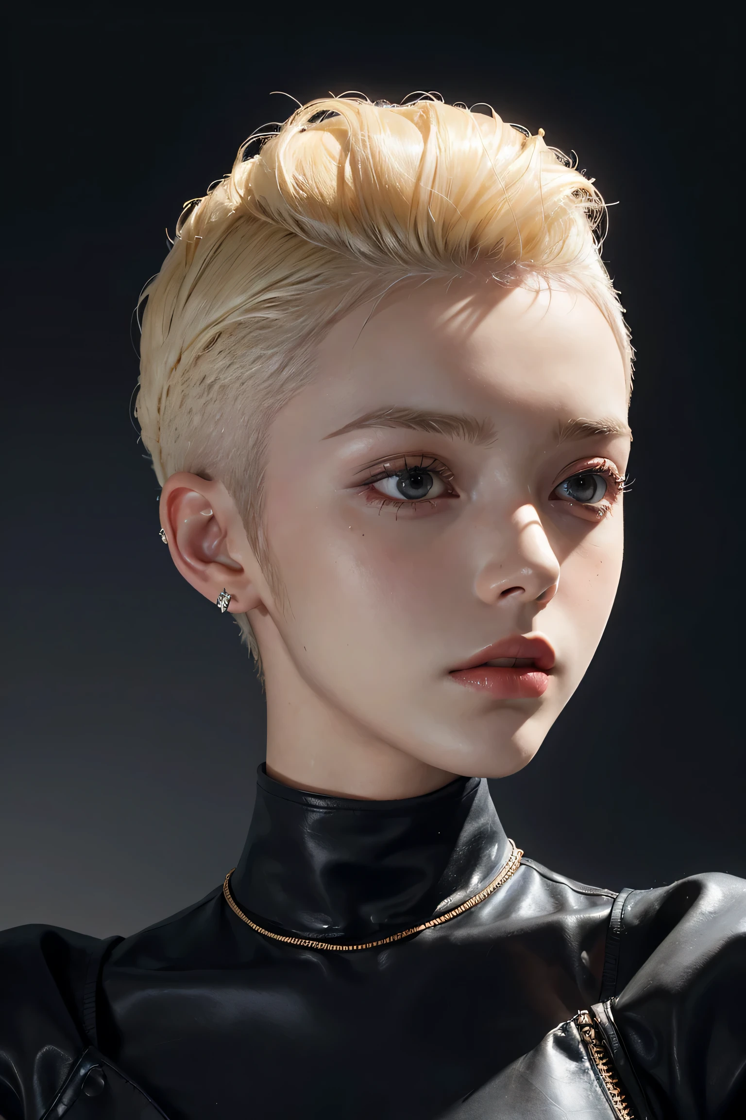a 20 yo woman, blonde, (hi-top fade:1.3), dark theme, soothing tones, muted colors, high contrast, (natural skin texture, hyperrealism, soft light, sharp)