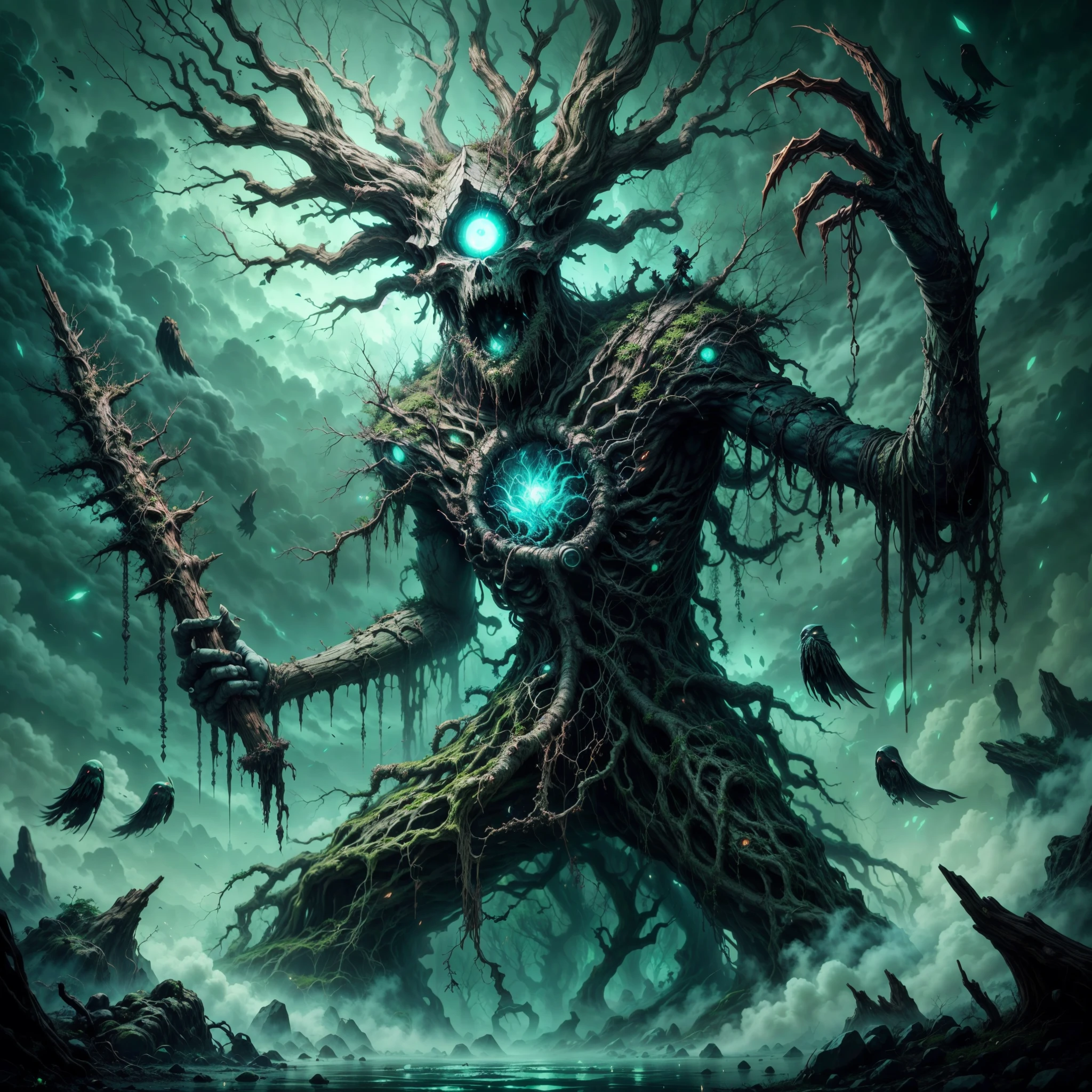 dark soul boss,elden Ring style,a corrupted tree man, an eldritch being inside a tree, 8 long thick root came from the back, corrupted wood hand and arm,  holding a runic dead tree branch as a spear, toxic fruit as bomb,thick trunk tentacles,glowing green eye,death green aura, open mouth, holding corrupted death fruit, astral ghost flying around, 