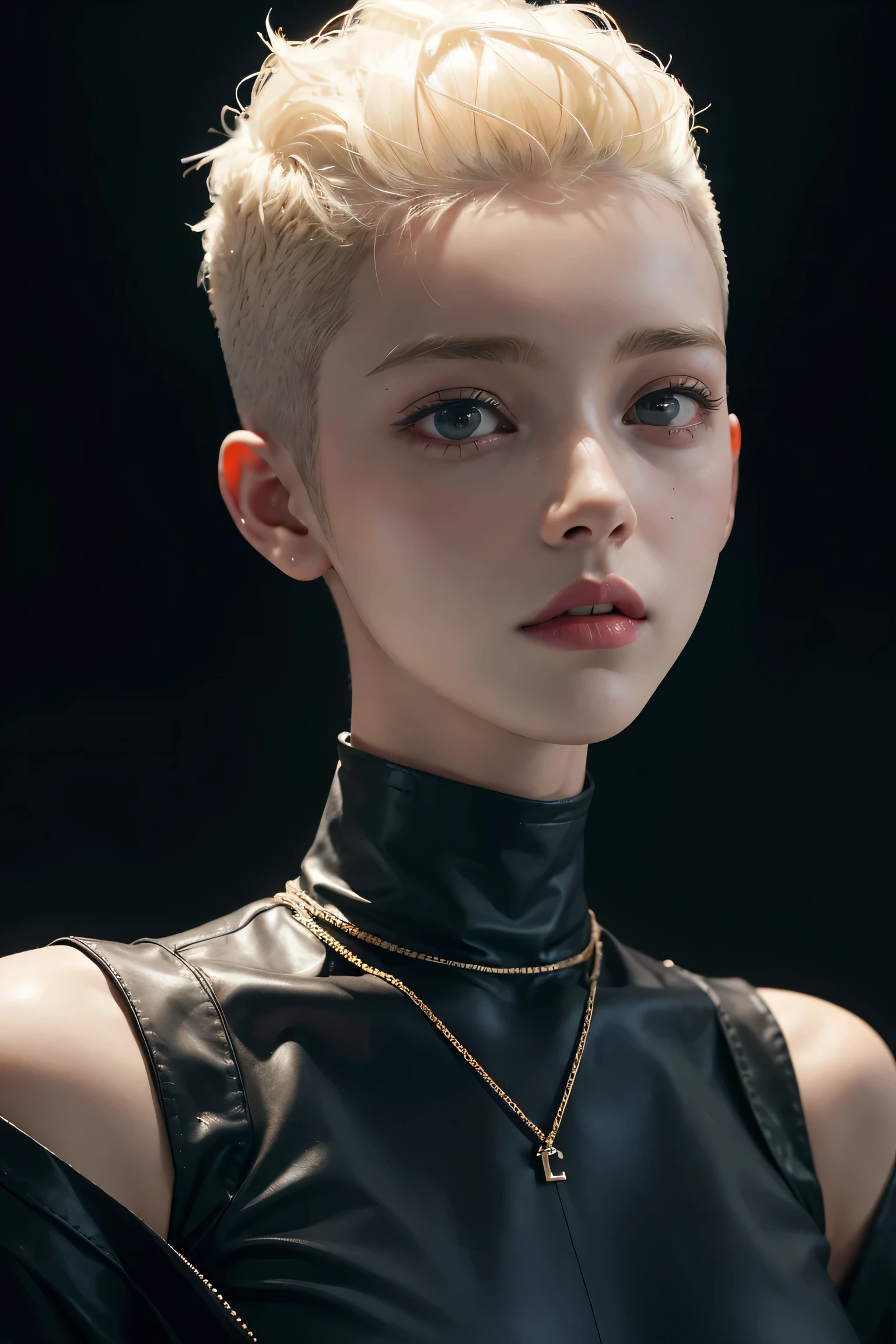 a 20 yo woman, blonde, (hi-top fade:1.3), dark theme, soothing tones, muted colors, high contrast, (natural skin texture, hyperrealism, soft light, sharp)