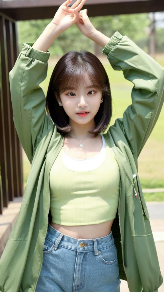 super realistic images, ginger ager girl, cute face, green eyes, a little freckled, doing yoga, Three line sweatshirt、I can see your belly button、sports bra、Jacket, focus on his crotch.