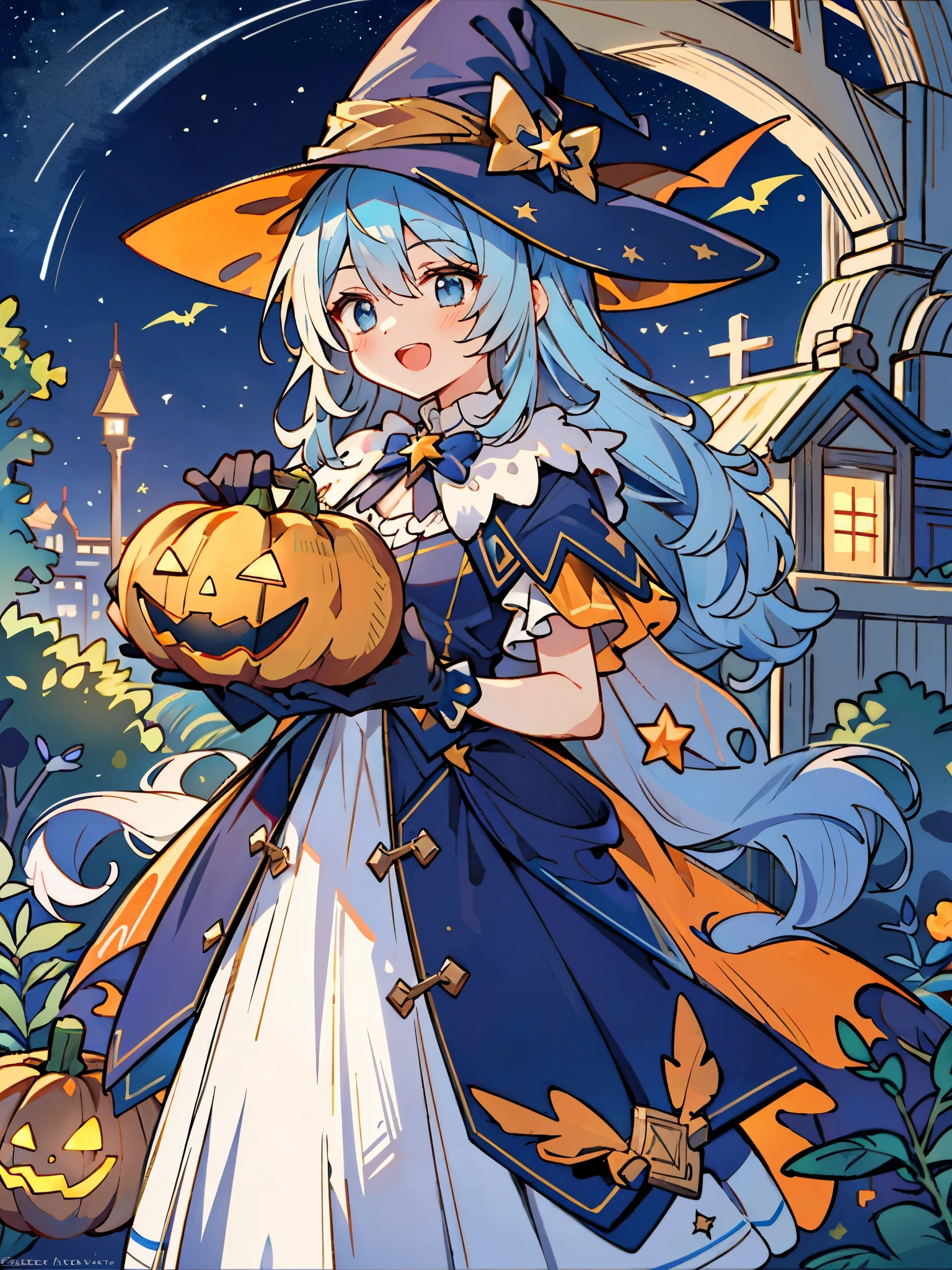 ((masterpiece:1.2, best quality)), 1girl, solo, (witch hat), a close up of a girl with curly hair, dress, aurora, night, star (sky), gloves, sky, dress, night sky, open mouth, starry sky, light blue eyes, ribbons, smile, cape, colorful hair, magic, casting spell, night, (impressionism:1.4), alphonse mucha, Halloween colors, colorful candy, magical lights, pumpkins, candies