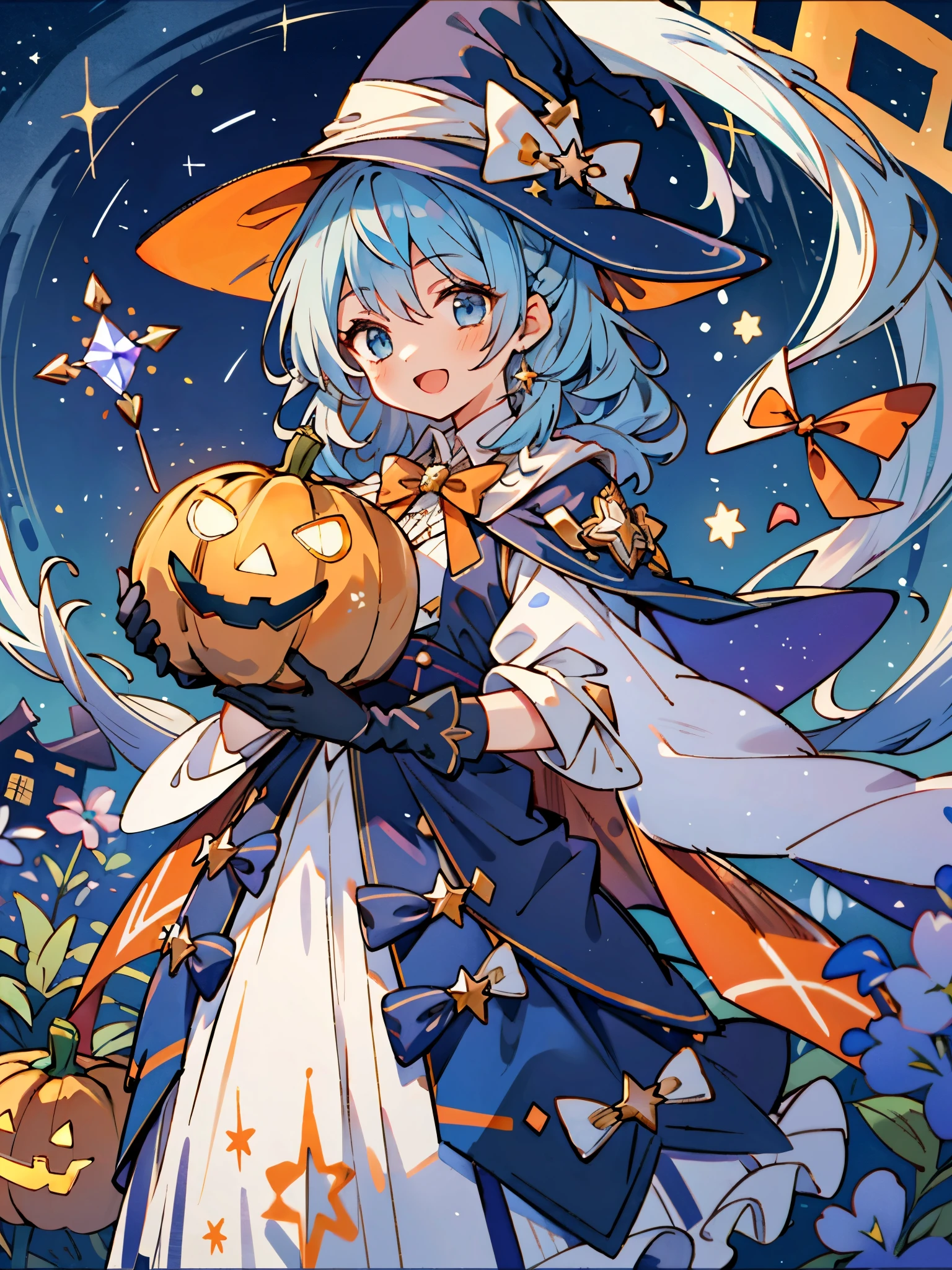 ((masterpiece:1.2, best quality)), 1girl, solo, (witch hat), a close up of a girl with curly hair, dress, aurora, night, star (sky), gloves, sky, dress, night sky, open mouth, starry sky, light blue eyes, ribbons, smile, cape, colorful hair, magic, casting spell, night, (impressionism:1.4), alphonse mucha, Halloween colors, colorful candy, magical lights, pumpkins, candies