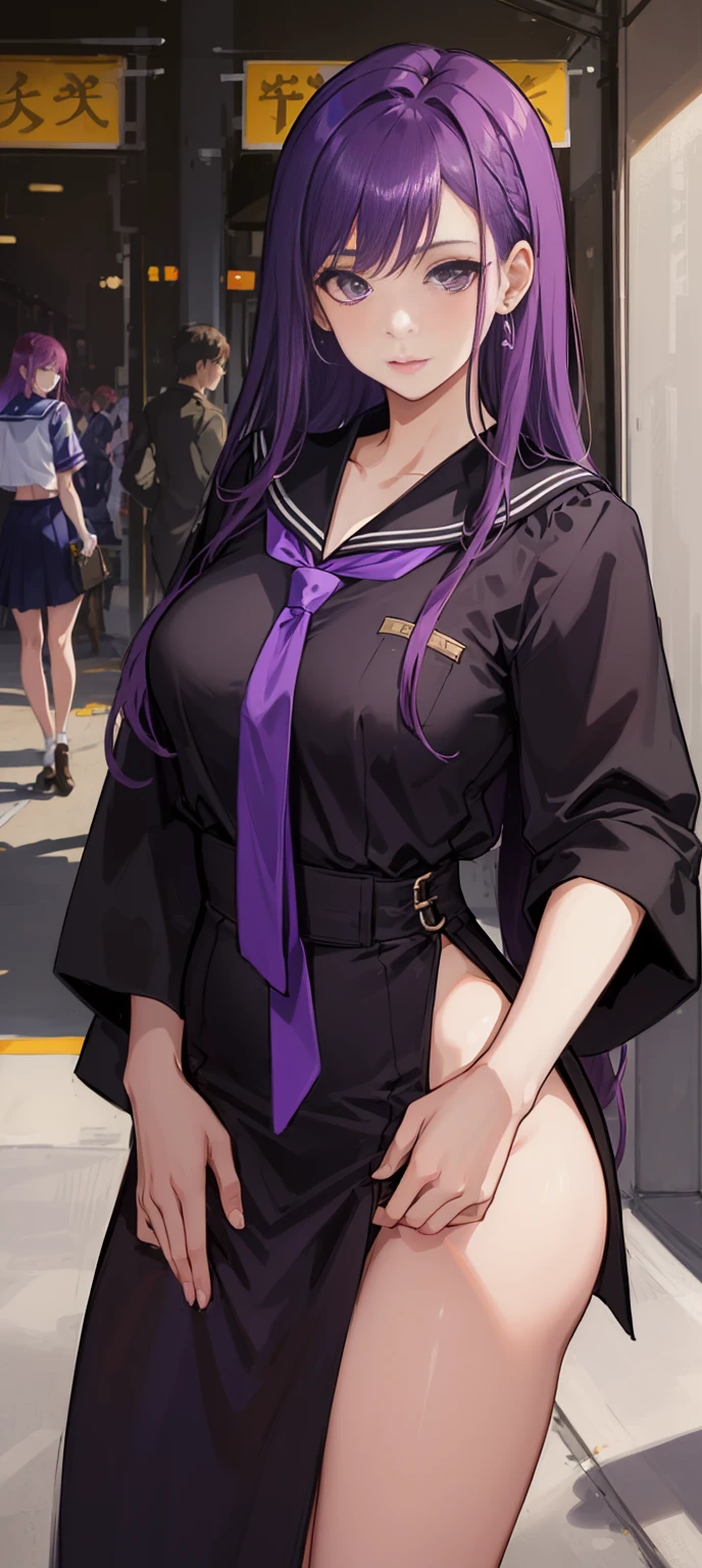 (8k), (best quality), (artwork:1.2), (realistic), (photorealistic:1.37), ultra-detailed,  A beautiful woman ((18s, Student girl, purple_hair,purple hair, long purple hair, bust 97cm waist 76cm and hips 102cm, young in her 18 years, detailed eyes)) , using costume college(( serafuku  costume ,miniskirt, tie)), erotic posing for viewer,  corar