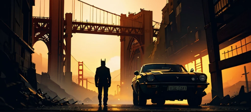 Marlister realist，
 Batman is standing next to his Batmobile, The Golden Gate Bridge can be seen in the distance，a picture inspired by roger deakins, unsplash, conceptual art, in roger deakins style, cinematography roger deakins, Dimly lit scene, clemens ascher, dramatic artwork, scale model photography, ron cobb, Dramatic lighting. concept-art, illustration!, Roger Deakins photography, minimalist cinematic lighting