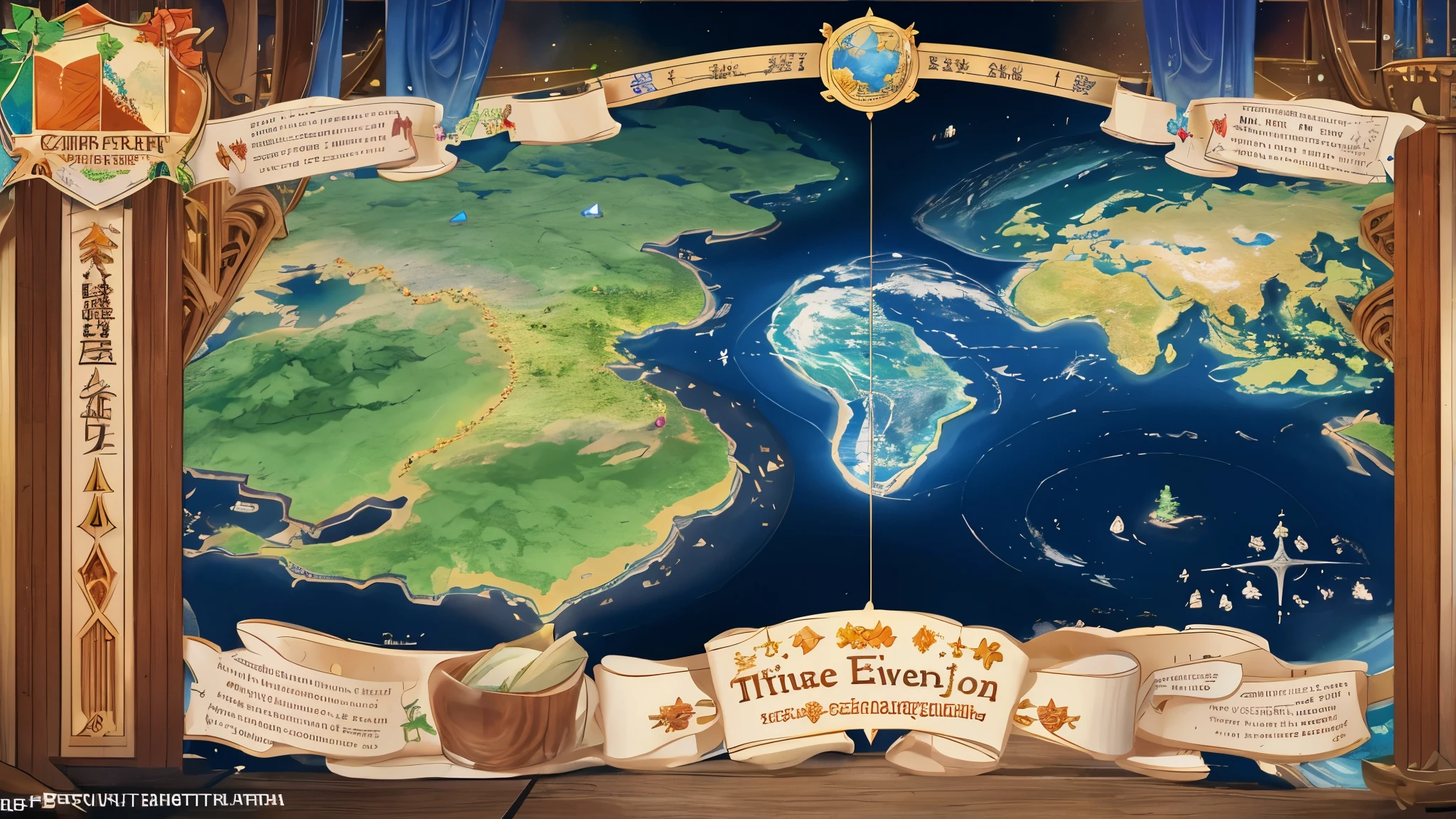 a huge world map，Distributed on three continents，The central continent is occupied by humans，Human cities as settlements，The western continent is occupied by elves，Settled in the Elf Forest，The eastern continent is occupied by dwarves，Use the dwarven mines as a settlement