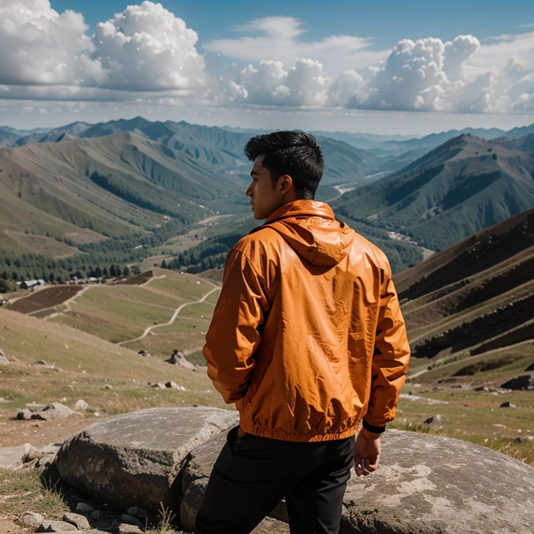 25 year old man, black hair, white skin, realistic, wearing an orange jacket, on the top of the mountain, standing facing back, Indonesian, realistic man, original image