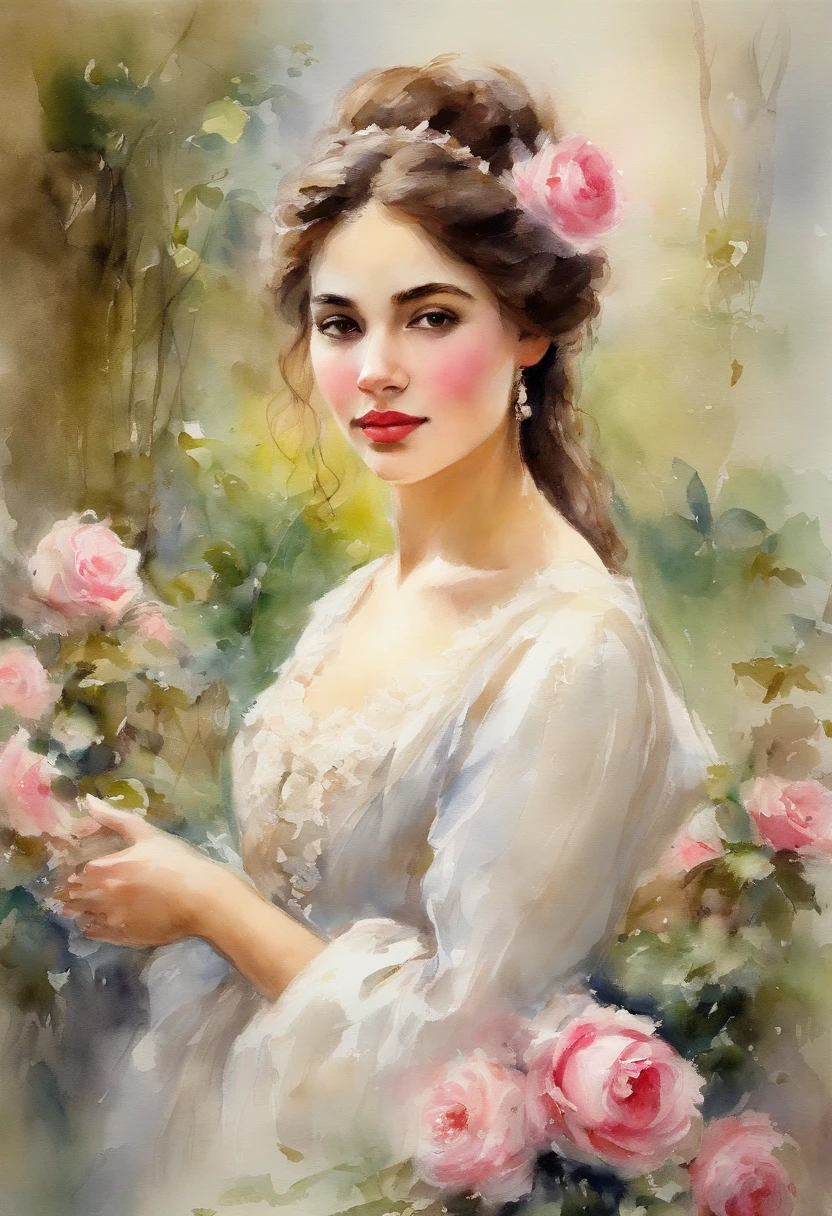Impressionism Art, Claud Monet, 18th Century teen girl with beautiful face, sweet as a princess Brown hair Asian face frame, wearing an 18th-century white wedding dress in a garden with pink roses, masterpiece, not blurred. Beautiful lighting HD resolution