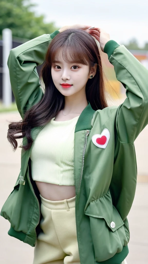 araffe woman in a green jacket and white top posing for a picture, tzuyu from twice, she is dancing. realistic, korean girl, ulzzang, ruan cute vtuber, inspired by Song Maojin, inspired by Huang Ji, green colored bomber jacket, young and cute girl, gorgeous young korean woman, wan adorable korean face
