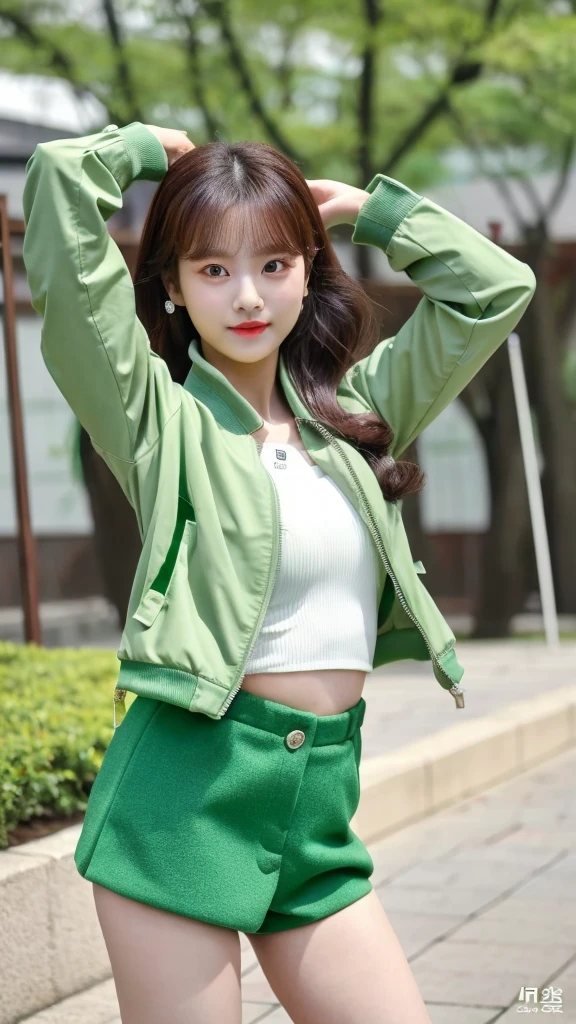 araffe woman in a green jacket and white top posing for a picture, tzuyu from twice, she is dancing. realistic, korean girl, ulzzang, ruan cute vtuber, inspired by Song Maojin, inspired by Huang Ji, green colored bomber jacket, young and cute girl, gorgeous young korean woman, wan adorable korean face