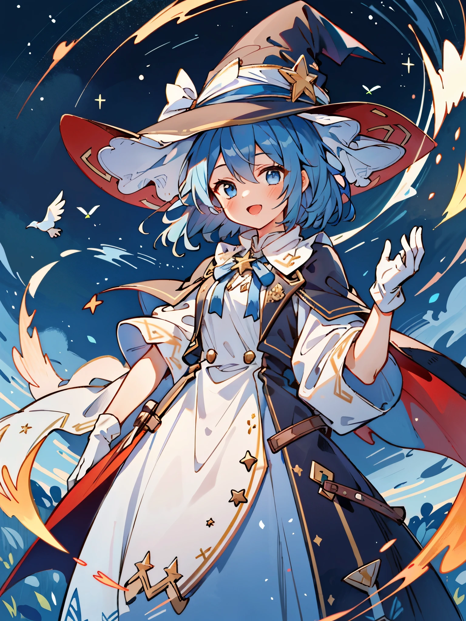 ((masterpiece:1.2, best quality)), 1girl, solo, (witch hat), a close up of a girl with short blue hair, short hair, dress, aurora, night, star (sky), gloves, sky, white dress, night sky, open mouth, starry sky, light blue eyes, ribbon, very shorthair, red dress, smile, hair ribbon, cape, blue hair, (bird), magic, casting spell, dark clouds, night, (impressionism:1.4), alphonse mucha,