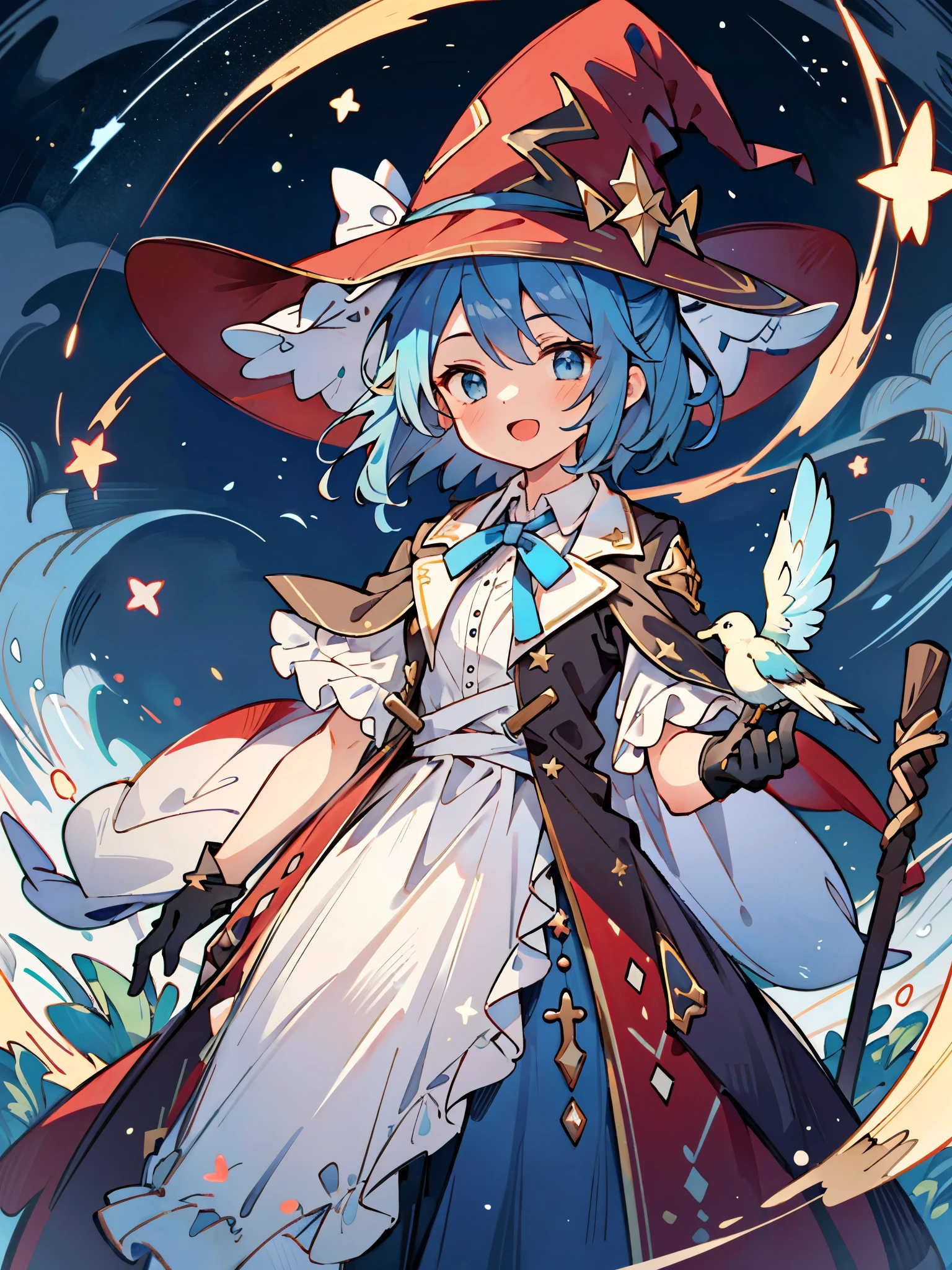 ((masterpiece:1.2, best quality)), 1girl, solo, (witch hat), a close up of a girl with short blue hair, short hair, dress, aurora, night, star (sky), gloves, sky, white dress, night sky, open mouth, starry sky, light blue eyes, ribbon, very shorthair, red dress, smile, hair ribbon, cape, blue hair, (bird), magic, casting spell, dark clouds, night, (impressionism:1.4), alphonse mucha,