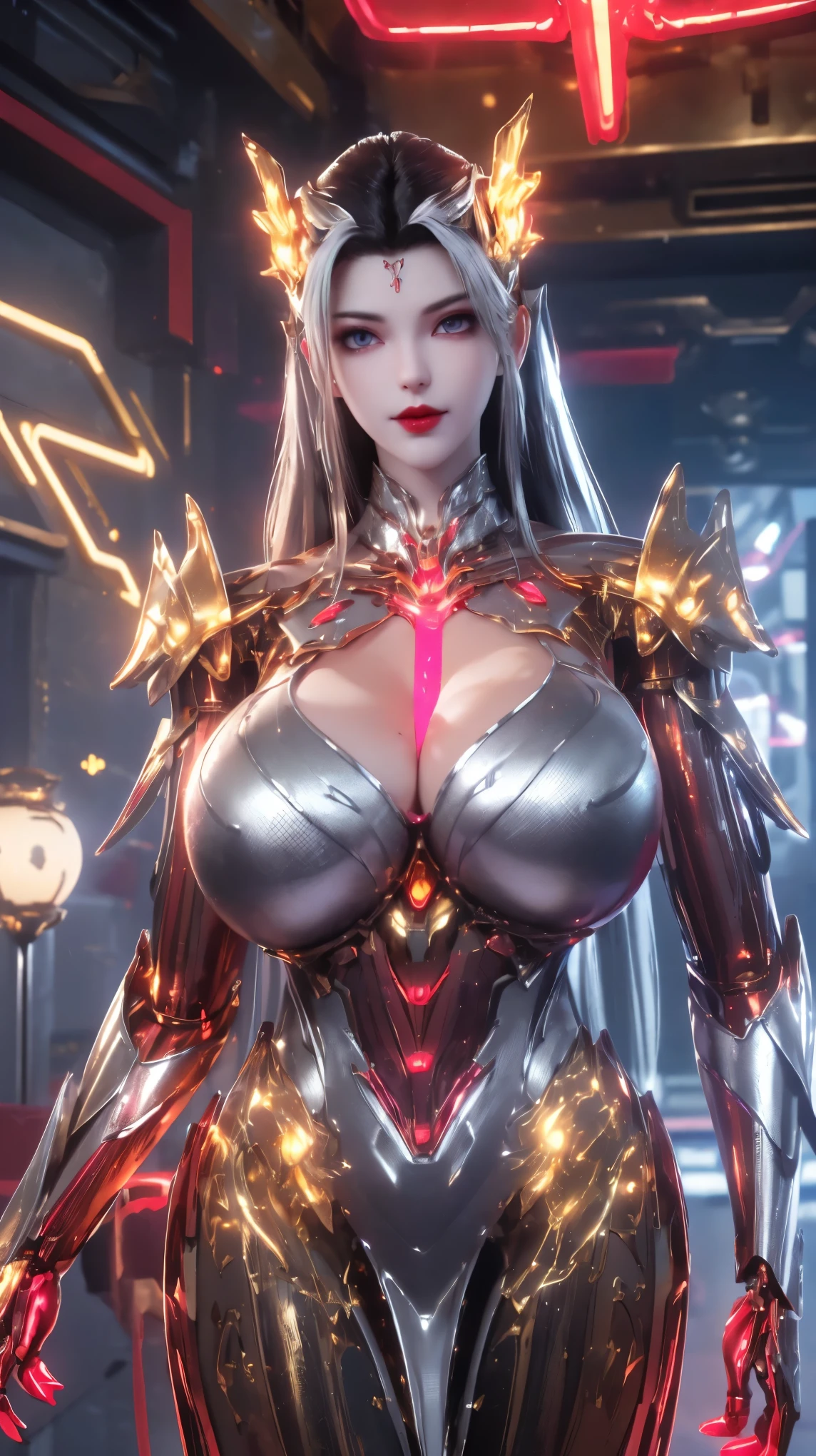 A BUSTY MILF, PORTRAIT,UPPER BODY,SOLO,(BEAUTY PURPLE HAIR, MECHA PHOENIX HELM), (MASSIVE FAKE BOOBIES,CLEAVAGE TOP,MUSCLE ABS:1.5), (((NEON LED RED, GOLDEN, SILVER) SHINY ROBOT MECHANICAL SEXY SKIMPY OUTFIT:1.5)),(CURVY VOLUPTUOUS BODY MATURE WOMAN:1.5), (SWEATY GLOSSY BODYSKIN:1.5), (LOOKING AT VIEWER:1.5),(BACKGROUND FUTURISTIC SPACE STATION:1), (PHOTOREALSITIC:1.4), (ULTRA-DETAILLIERT), (TOP-QUALITY), (BEST SHADOWS), BRIGHT LIGHT IN ROOM, HYPER TEXTURE, (4X MSAA), ((UNREAL ENGINE 5 RENDER)), PHYSICALLY-BASED RENDERING, ULTRA HIGHT DEFINITION, 16K, 1080P.