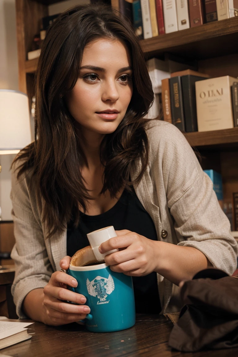 Brunette having coffee with a good book