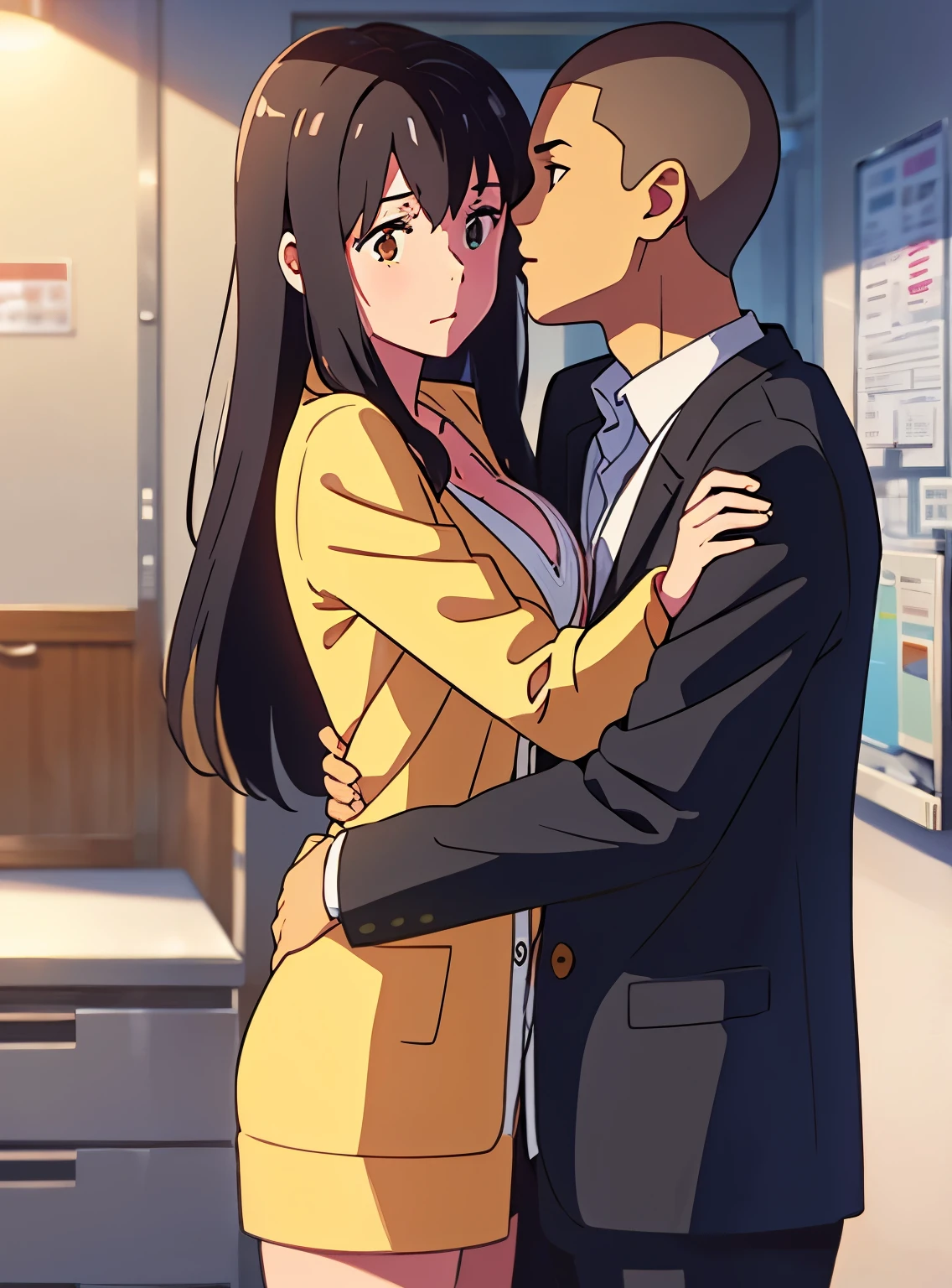 shinkai makoto, kimi no na wa., 1boy, buzzcut,office suit, boy caressing girl's body, passionate hug, face to face, 1girl, bangs, black hair, brown eyes, Twisted Half Up, red ribbon, long hair, long sleeve light pink cardigan, open shirt, yellow shirt, cleavage, breast, medium breast, storage room, indoors, masterpiece, perfect ???????, cowboyshot