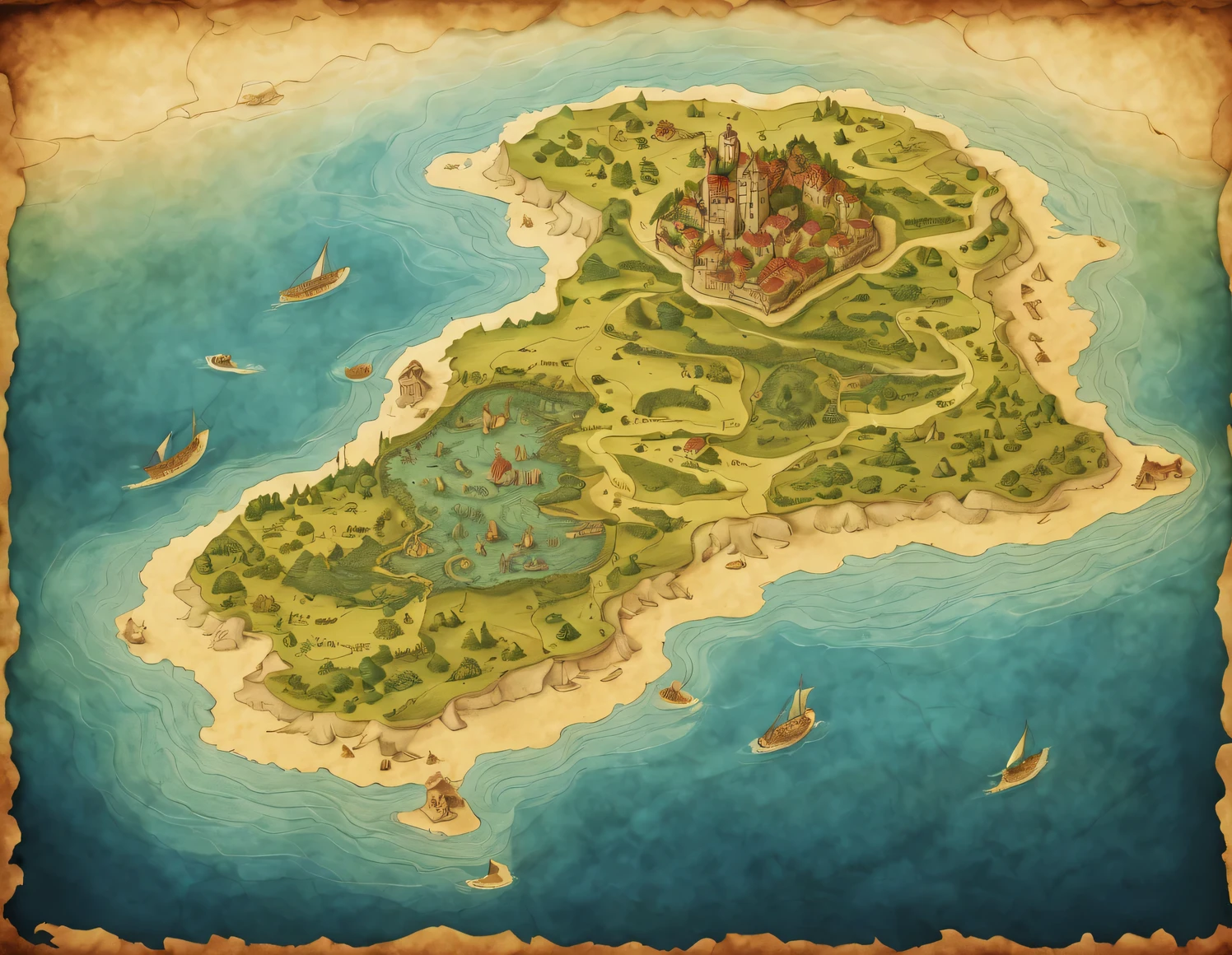 an ancient map of a medieval fictitious island in the ocean smoothly transitioning into the real landscape of the island itself