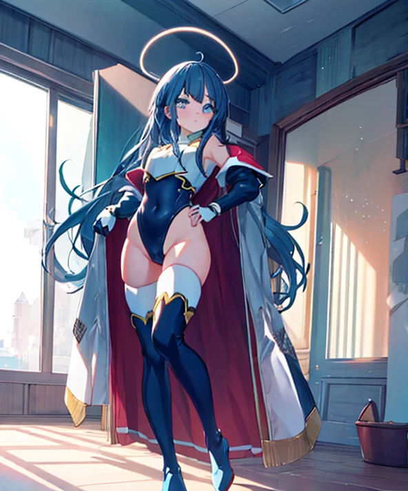 highest quality,sleep on your back in bed，Crab crotch，show me your boots，thigh high boots，leotardチラ見せ，glove，elegant, 1 girl, leotard，body suit，cute, blushed, looking at the viewer, from below, prison，blue eyes, beautiful eyes, beautiful background, particles of light, Light of the sun, dramatic lighting, outside, shiny, realistic, table top, highest quality, Super detailed, get used to it, scenery, beautiful and detailed eyes, thin hair，full body shot，