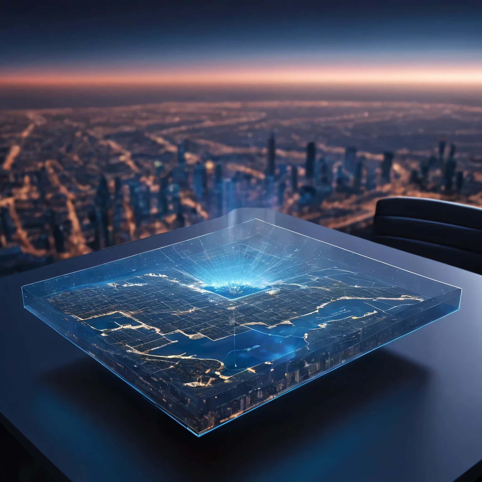 Realistic 3D image with the following plot - a high-tech holographic table broadcasts a holographic three-dimensional map of a mysterious area., the holographic map is distributed in the form of a hazy holographic cloud with a three-dimensional image of the landscape and cities from luminous points, high detail, High precision, Highest resolution, photorealistic