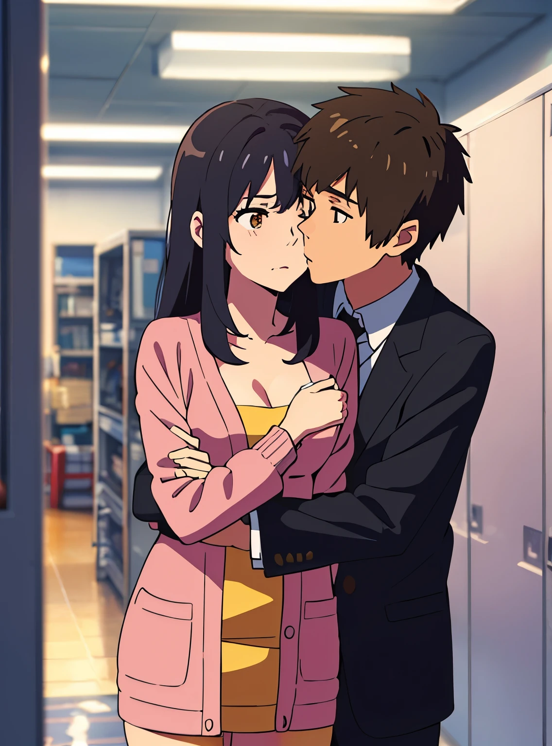 shinkai makoto, kimi no na wa., 1boy, buzzcut,office suit, boy caressing girl's body, kiss cheeks, passionate hug, boy is hugging from behind, 1girl, bangs, black hair, brown eyes, Twisted Half Up, red ribbon, long hair, long sleeve light pink cardigan, open shirt, yellow shirt, cleavage, breast, medium breast, storage room, indoors, masterpiece, perfect anatomy, cowboyshot