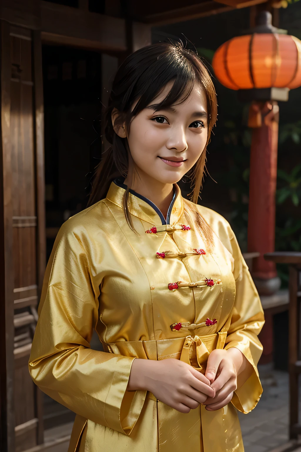 a young lady with chinese old style dressing, shining skin, age about 25, happy face