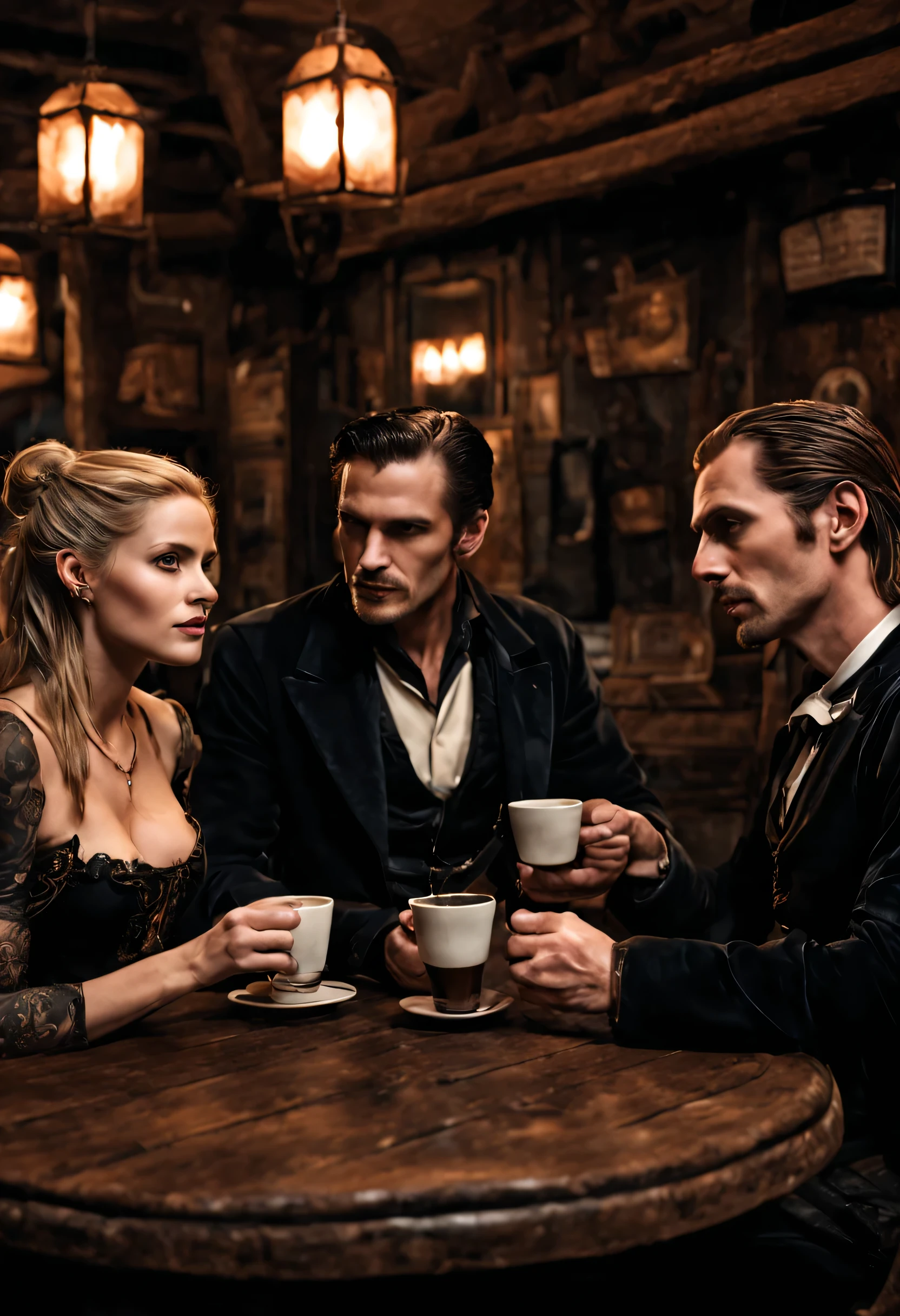 photorealistic image of 2 men and woman having coffee in old rustic coffee house, the 3 people are eric northman, buffy the vampire slayer, and brom strokers dracula