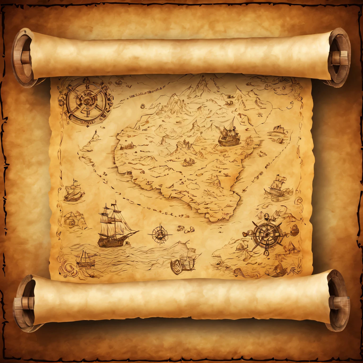 ancient scroll with pirate treasure map, pirate map, scroll with map, scrolling is expanded, map, treasure map, high detail, a high resolution