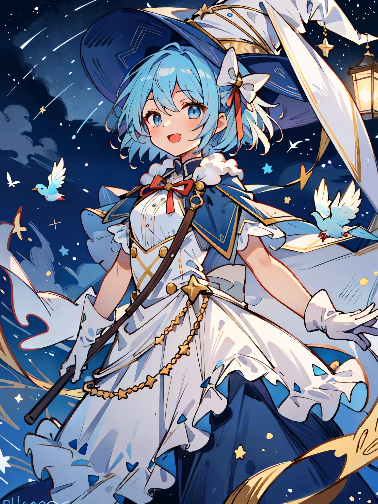 ((masterpiece:1.2, best quality)), 1girl, solo, (witch hat), a close up of a girl with short blue hair, short hair, dress, aurora, night, star (sky), gloves, sky, white dress, night sky, open mouth, starry sky, light blue eyes, ribbon, very shorthair, red dress, smile, hair ribbon, cape, blue hair, (bird), magic, casting spell, dark clouds, night, (impressionism:1.4), alphonse mucha,