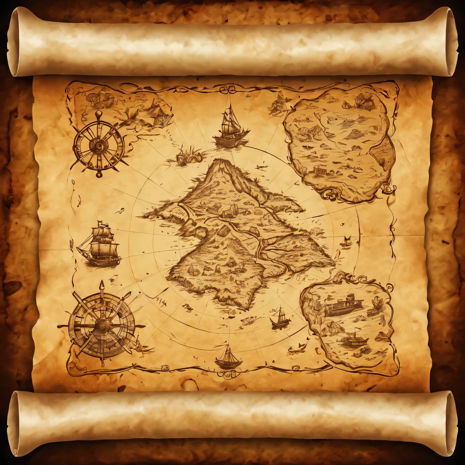 ancient scroll with pirate treasure map, pirate map, scroll with map, scrolling is expanded, map, treasure map, high detail, a high resolution