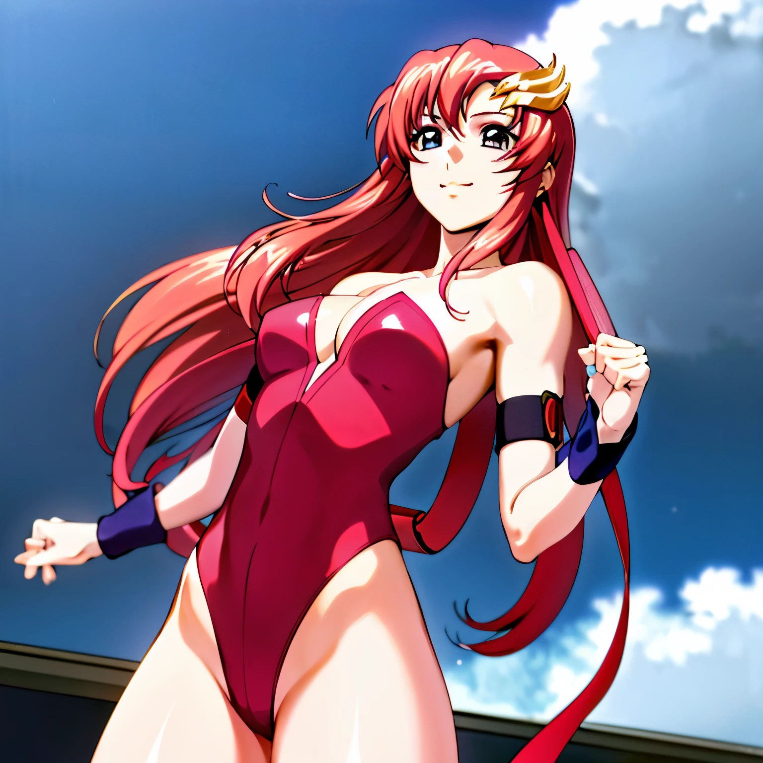 lacus4, solo, gloves, (masterpiece, strapless, very slim shoulders, 4K, Best Quality, Anime style: 1.9, happy, Adult Woman, (ultra detailed head), (cloud background), Drawing lines, high resolution, lacus4), 1girl, Solo, curvy figure, Long hair, 鎖骨, scapular, (Detailed wide hair bangs, Hair Ornament, Detailed reddish-pink hair, shiny streaks, slim arms, detailed golden crest), cleavage, large hands, (hair cover shoulders). (Big blue eyes, shiny eyes), ((female wrestler, (slim body), little biceps, slim arms, closed fists, thighs)), ((perfect proportions, medium breasts, long belly)), (((very tight leotard, crimson strapless leotard, red arm band, neck band))), smile, (standing, hot colors), detailed fingers, (bare shoulders)