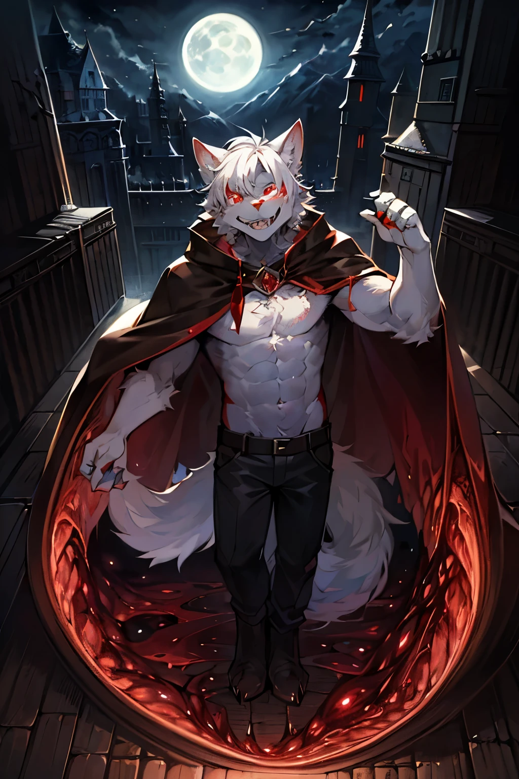 (dark environment:0.8),masterpiece, high quality, H, number \(artwork\), by dagashi, Yes,Kiyoyama,(Hana charcoalo,fluffy fur,Character focus:1.1),Hana charcoalo male cat,short hair,portrait, Bright Eyes,panoramic,Character focus.(Detailed background:0.7),alone,hairy,hairy male ,male focus,Hana charcoal,(Full body fur, hairy尾巴, white fur,red eyes,white hair:1.2),(long canine teeth,vampire, cape:1.2),(Internal,night, castle, casket:1.1)