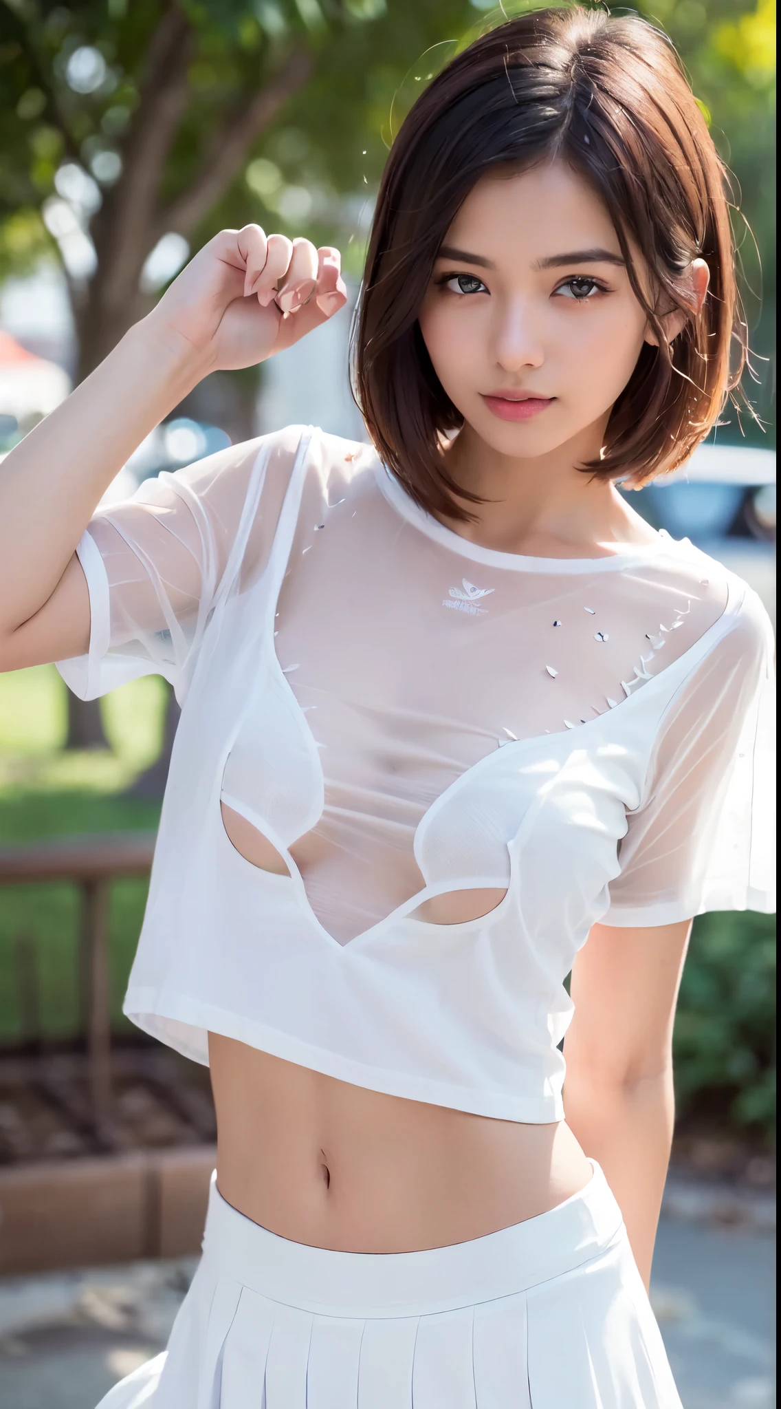 ((((masterpiece, best quality, high resolution)))), Extremely detailed 8K, Beautiful Indian, fair skin girl with voluptuous body, (Ultra HD, Ultra-detailed, Highly detailed, Highly realistic, Ultra-realistic, photograph realistic), (1girl:1.5), (Realistic colored hair), short wavy hair, bob cut, (dynamic pose facing at camera, lewd smile, blue eyes, ( body:1.4), beautiful detailed face, beautiful detailed eyes), (see through white high school casual t-shirt:1.8), (pink color bra:1.0), cleavage, (see through white cotton skirt:1.8), (pink color panties:1.0), glow, sweat, (sunbeam, sunlight, (high school shoes:1.2).