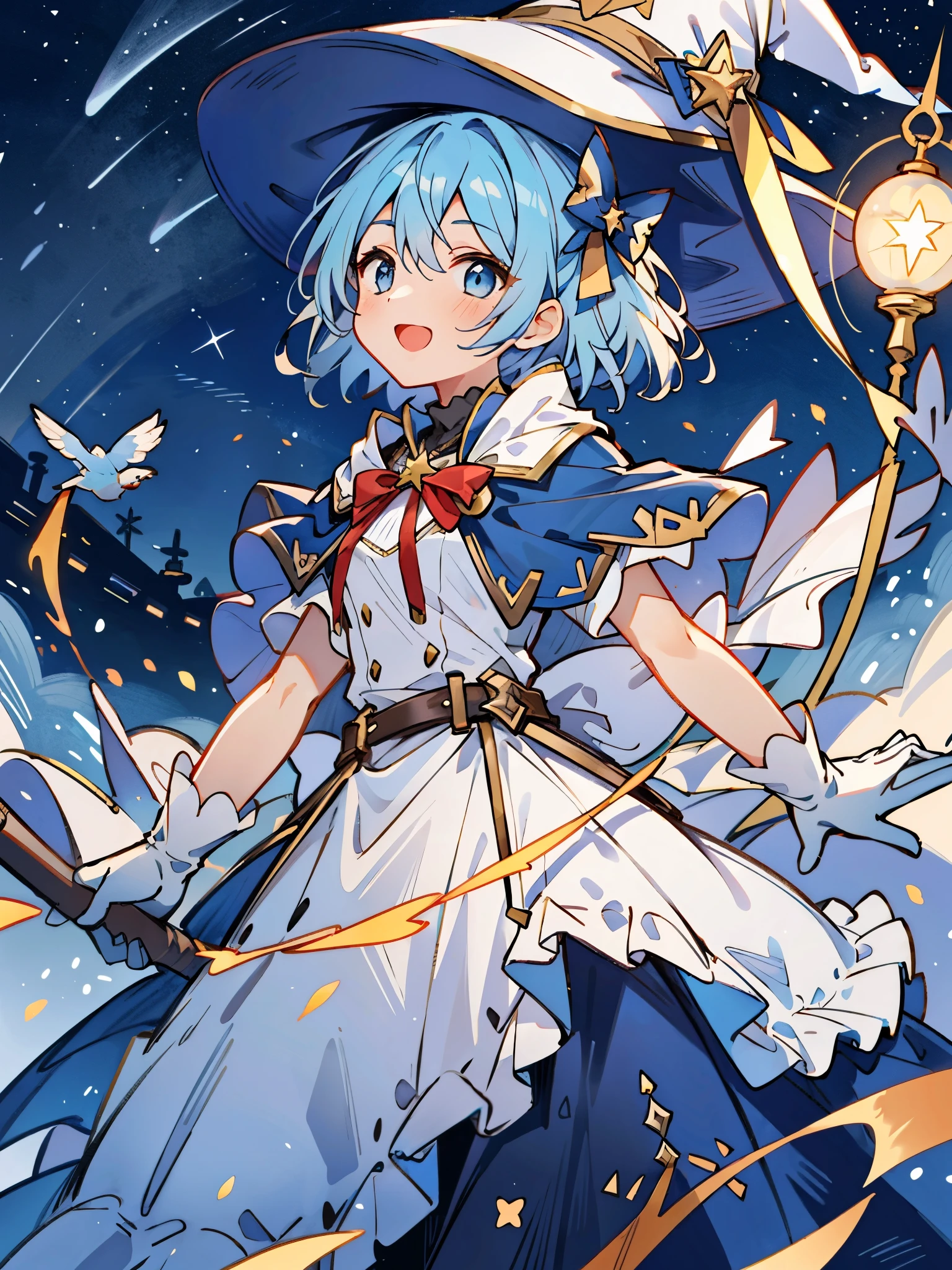 ((masterpiece:1.2, best quality)), 1girl, solo, (witch hat), a close up of a girl with short blue hair, short hair, dress, aurora, night, star (sky), gloves, sky, white dress, night sky, open mouth, starry sky, light blue eyes, ribbon, very shorthair, red dress, smile, hair ribbon, cape, blue hair, (bird), magic, casting spell, dark clouds, night, (impressionism:1.4), alphonse mucha,