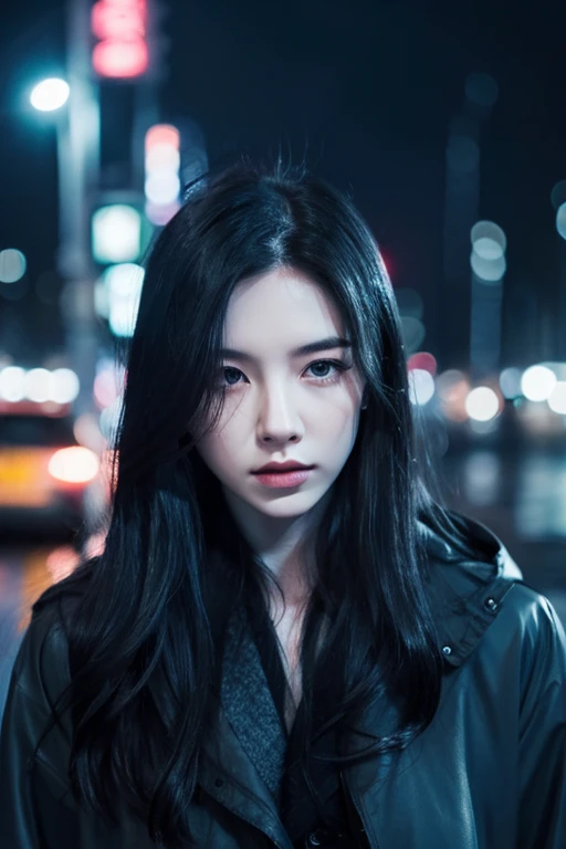 snowy pale skin, long black hair, dark grey eyes, slender body, female, realistic, masterpiece, dark rainy sky, neo city lights,