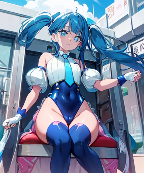 highest quality, blue_hair, blue_eyes, long_hair, twintails, magical_girl, bangs, open_mouth, pink_hair, multicolored_hair,sleep on your back in bed,Crab crotch,show me your boots,thigh high boots,leotardチラ見せ,glove,elegant, 1 girl, leotard,body suit,cute, blushed, looking at the viewer, from below, prison,blue eyes, beautiful eyes, beautiful background, particles of light, Light of the sun, dramatic lighting, outside, shiny, realistic, table top, highest quality, Super detailed, get used to it, scenery, beautiful and detailed eyes, thin hair,full body shot,