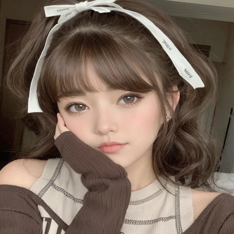 Arafed woman with a white bow on her head and a brown sweater, brown hair with bangs, brown hair and big eyes, brown hair and bangs, brown bangs, ulzzang, linda cara de anime natural, cabello limpio con flequillo, flequillo esponjoso, retrato realista kawaii, flequillo rizado, peinado de corte hime blanco, flequillo rizado and ponytail, linda chica kawaii