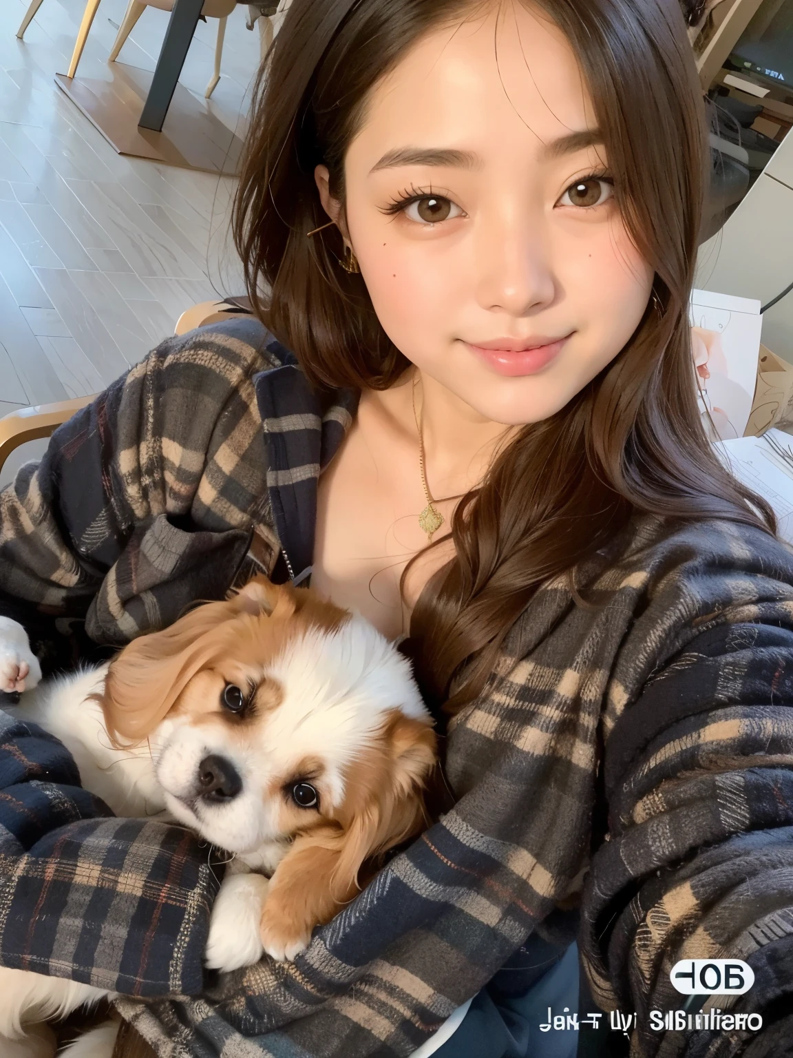 Arafa woman holding a dog on her lap while sitting on a chair, com hera, com cachorros, dilraba dilmurat, gema chen, wenfei you, Lulu Chen, selfie de um cachorro, jennie blackpink, Heonhwa Choe, Ulzzang, adorable and pale korean face, Louise Zhang, ruan jia e artgerm, Sha Xi